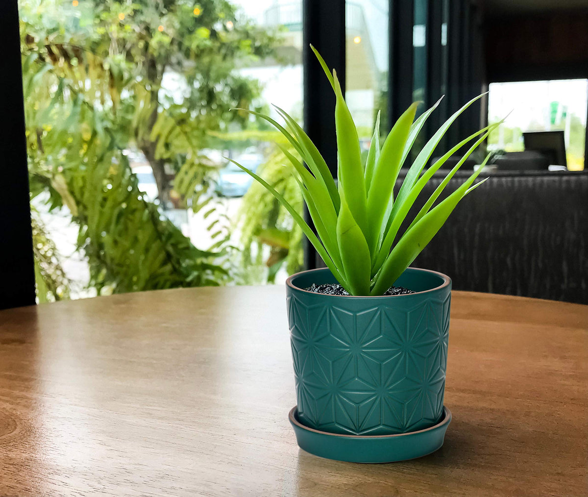 D'vine Dev Ceramic Flower Plants Pots Planter, 3.8 Inch 5.8 Inch Stoneware Planter Pot with Drainage Hole and Saucer, Set of 2, Dark Blue Green, 99-E-4