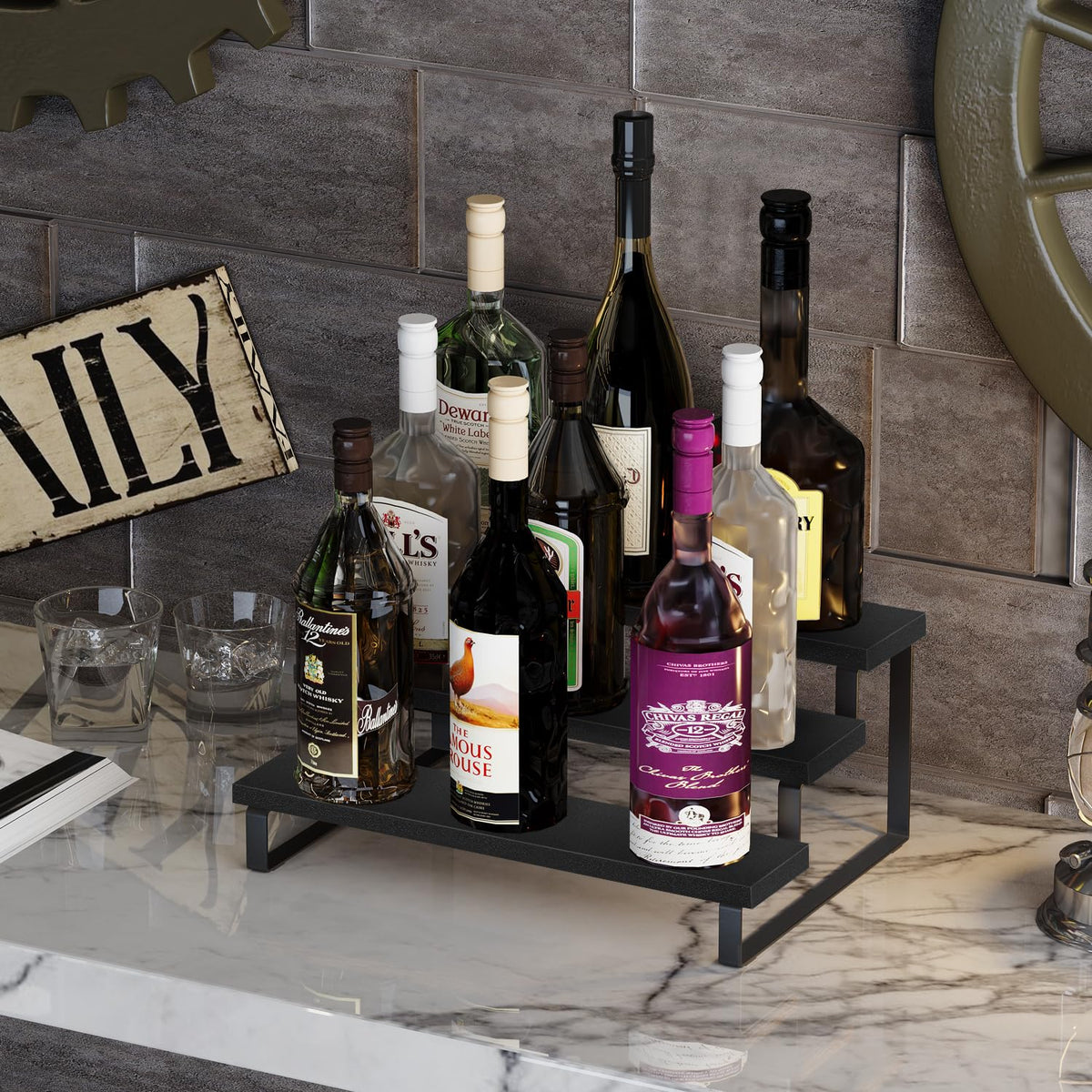 YINMIT Wooden Display Riser Stand, Tiered Perfume and Cologne Organizer Stand, 3 Tier Spice Rack Organizer, Rustic Display Shelf for Candles (3 Tier,Black)