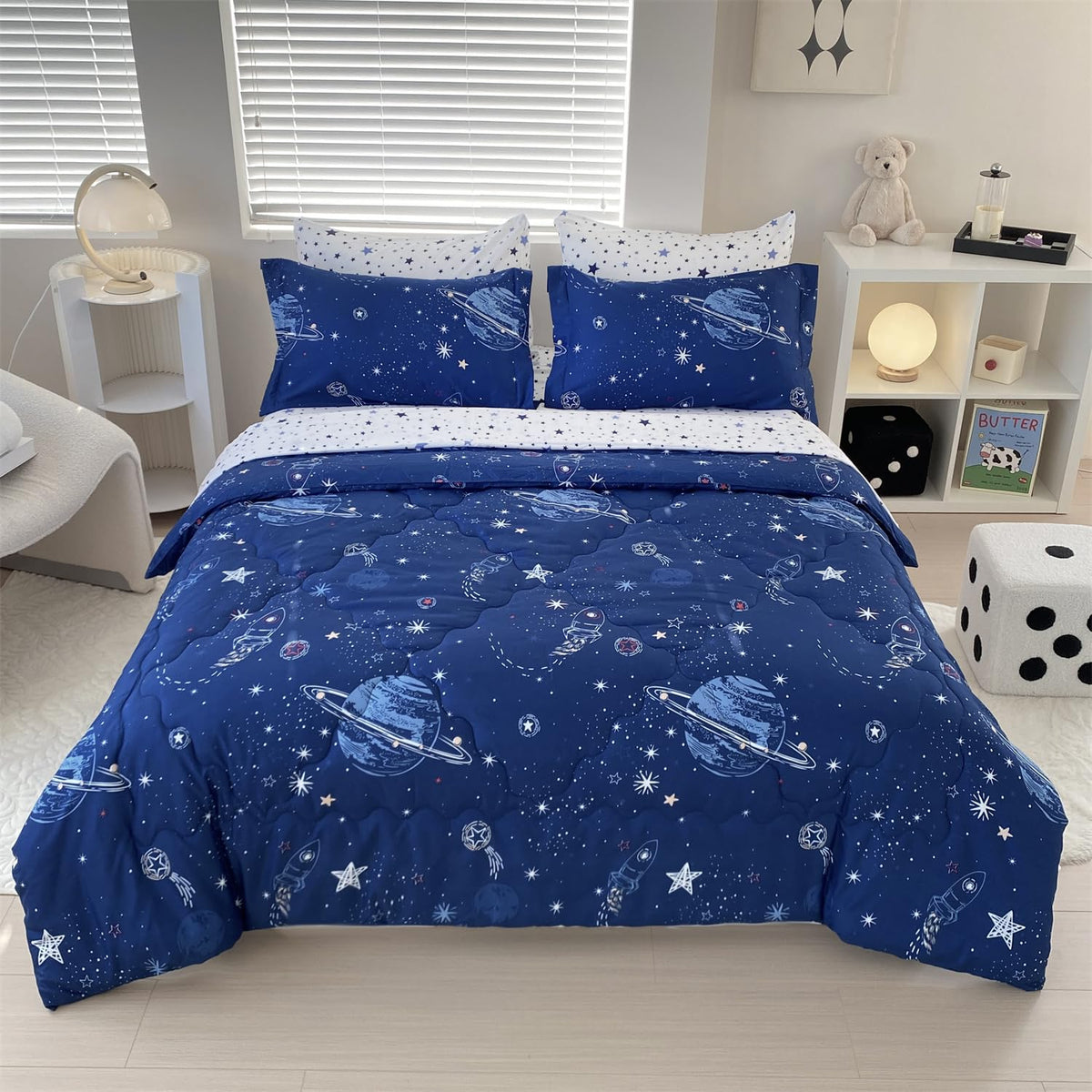 Gusuhome 7 Piece Boys Space Comforter Set Twin Size Bed in A Bag Star Rocket Galaxy Universe Planets Bedding Set for Kids Teens Girls Microfiber Blue Quilt All Season
