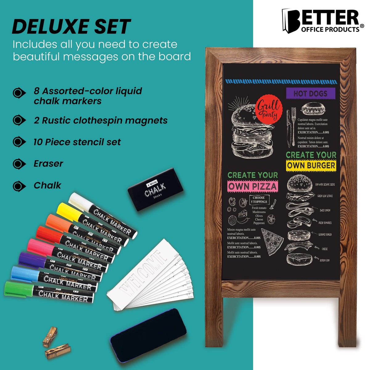 Better Office Products Magnetic A-Frame Chalkboard Sign, Extra Large 20" x 40", Standing Chalkboard Easel, Deluxe Set with Multiple Accessories, Outdoor Sidewalk Sandwich Board Sign,(Rustic Brown)