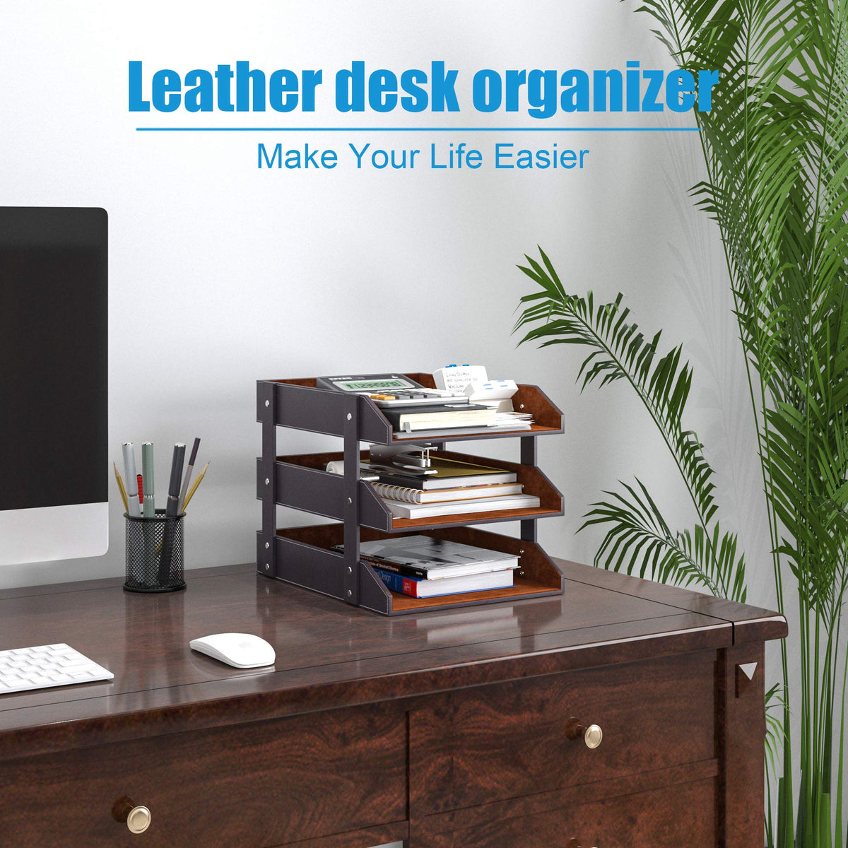 Leather Desk Organizer, Thipoten 3-Tier Stackable Letter Tray Holder for Office Supplies, Paper, File, Magazine, Perfect Office Organization for Desktop (Brown-3Tiers)
