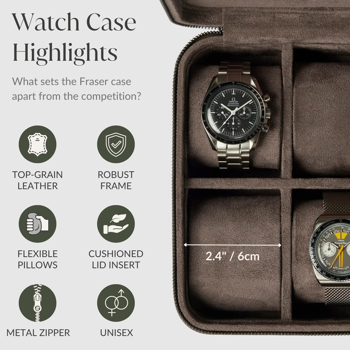 TAWBURY Watch Case - 6 Slot Genuine Top-Grain Leather Watch Box for Men & Women with Extra Wide Pillows for Large Watches - Portable Wristwatch Storage for Home & Travel (Brown)
