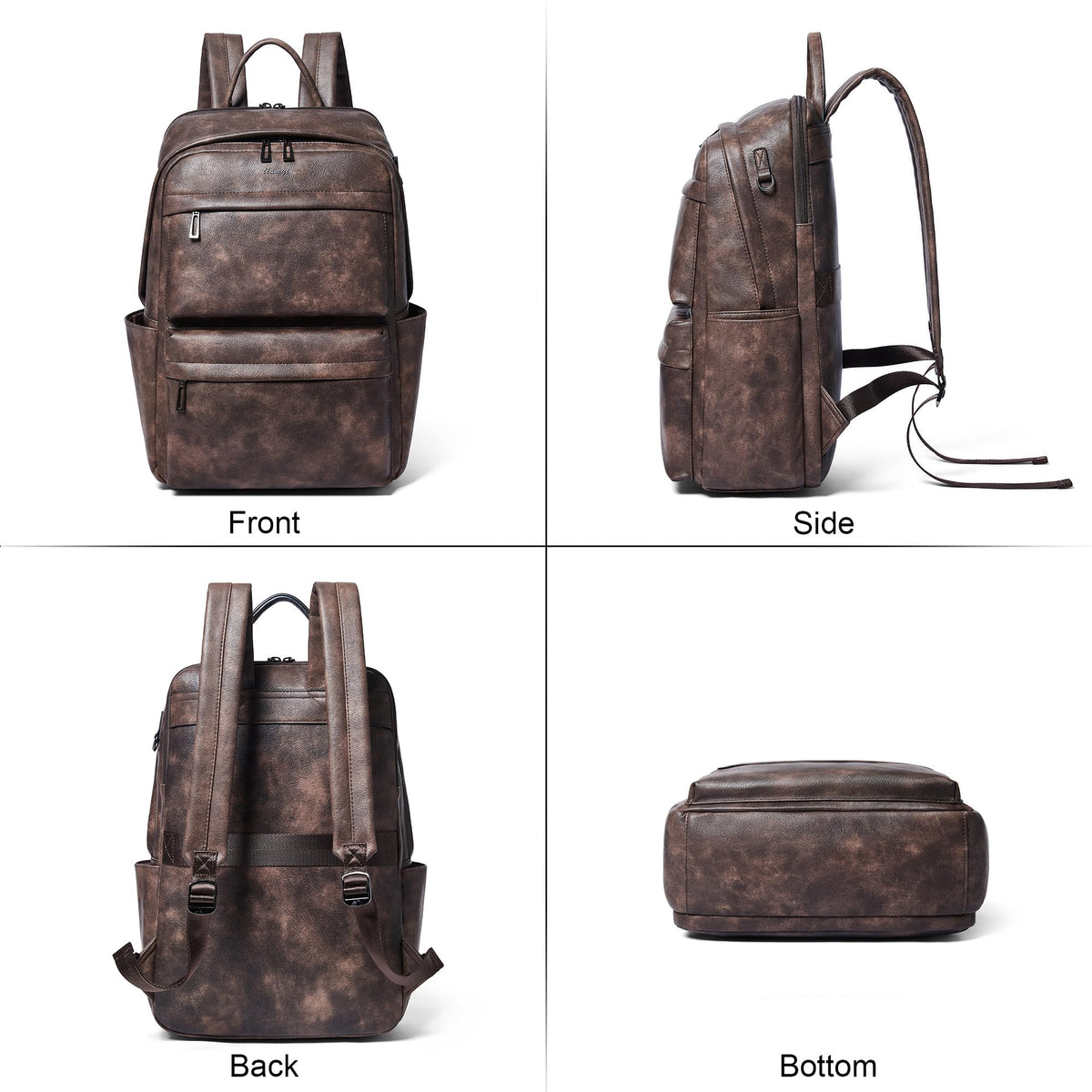 tiamyi Vegan Leather Backpack for Women and Men, Fits 16.0 Inch Laptop, Multi-Pocket Design with Water Bottle and Luggage Strap, Ideal for Work, Travel, and Daily Use, Coffee