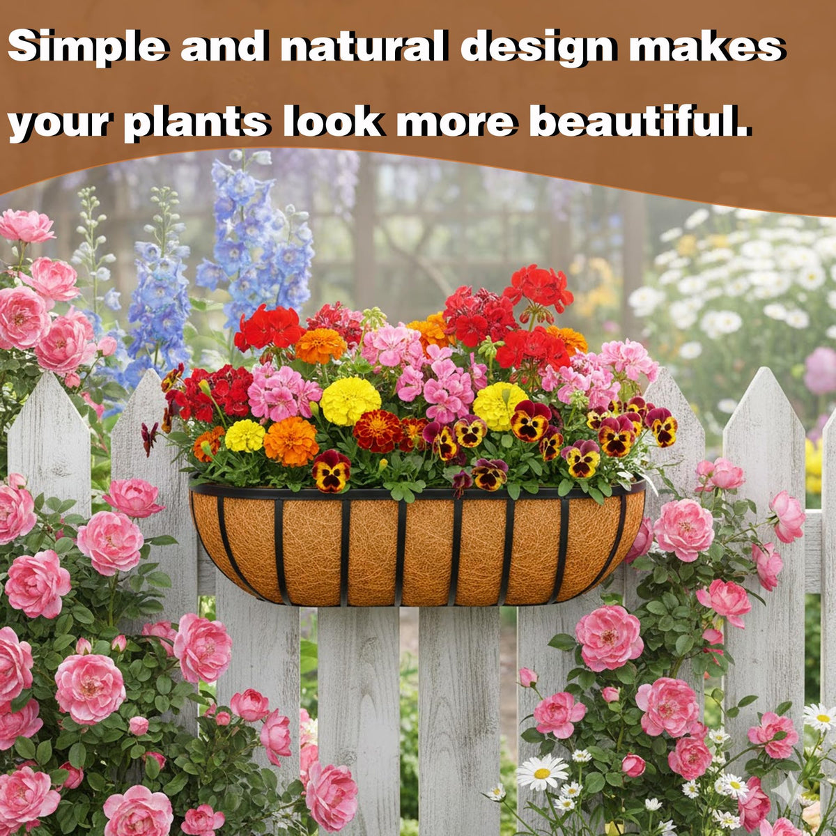 JFFLYIT 2 Pcs 36“ Railing Planter Window Box Deck Railing Planter Boxes with Coco Liner English Horse Trough Planters Metal Wall-Mounted Planters Basket for Outdoor Balcony Porch Fence Patio Rail