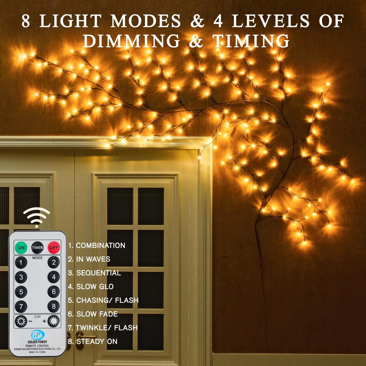 CAMANTU Willow Vine Lights, 160 LEDs, 9.5 ft, Remote Control, 8 Modes, Indoor Christmas Decor, Brown