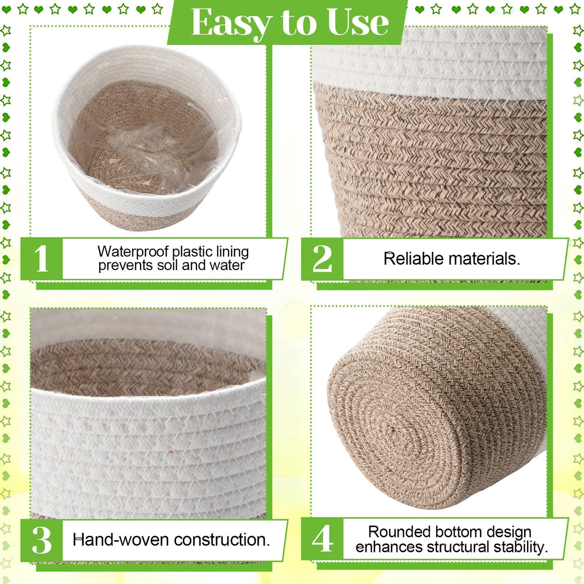Fiwochic 4 Pcs Cotton Rope Plant Baskets Indoor Woven Flower Baskets with Plastic Liner, Plant Planter for Indoor Outdoor Spring Rustic Boho Home Farmhouse Floor Potted Pots Decor