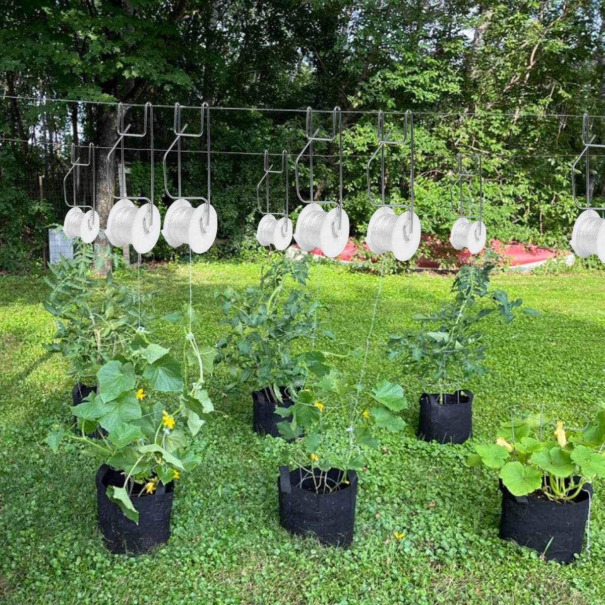 Hidbot Tomato Support Hooks with String,20 Pack Tomato Trellis Roller Hooks with 49.2FT String for Plant,Greenhouse Tomato Flower Vine Twine Crop Trellis Kit Plant Roller Hook