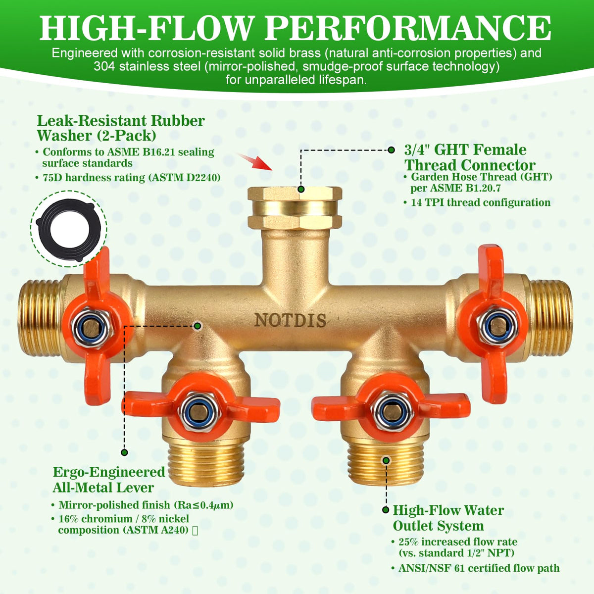 4 Way Brass Hose Splitter Full Flow with Metal Handle - Heavy Duty Spigot Splitter with Shut Off Valve, 3/4" GHT Garden Tap Connector