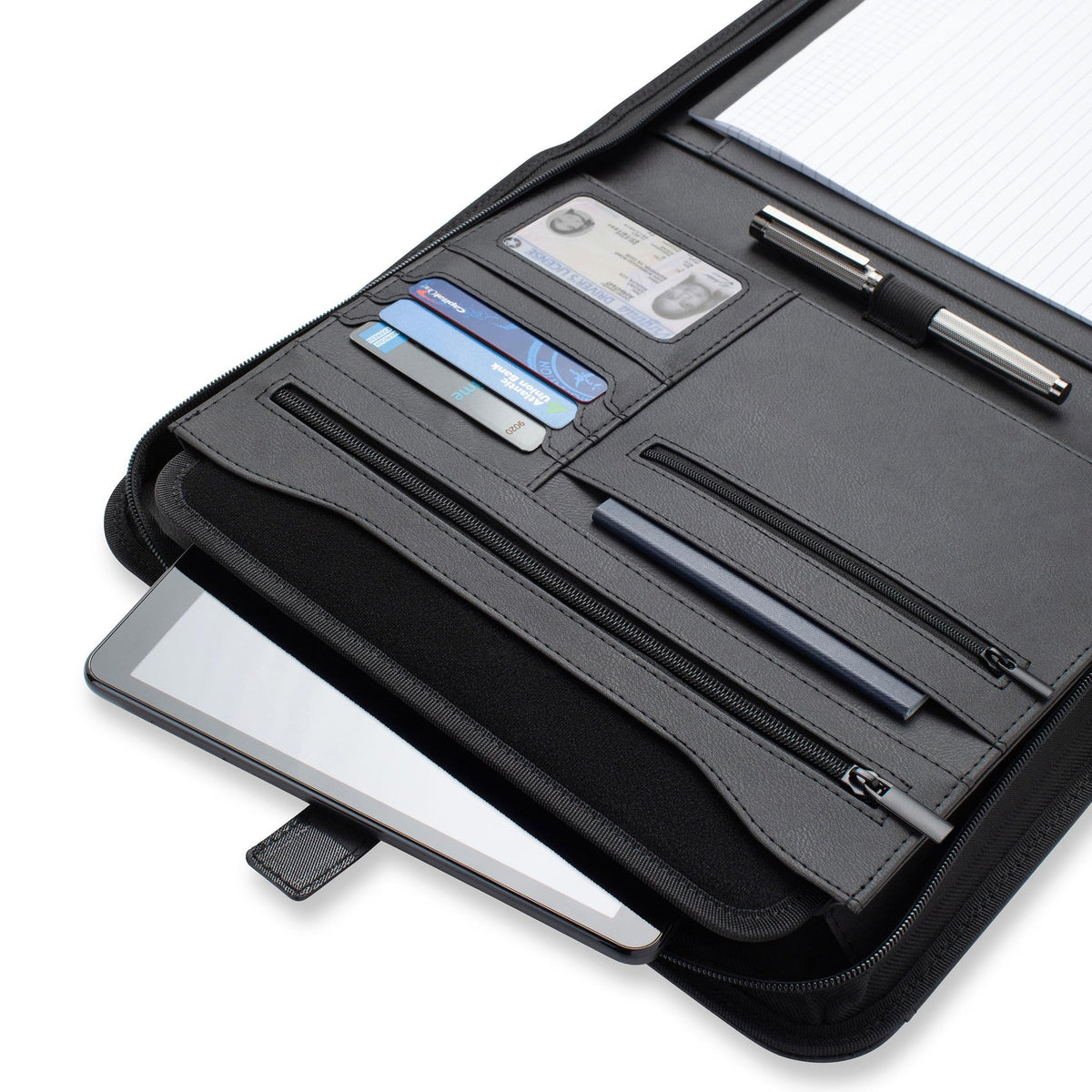 Forevermore Portfolios Padfolio Binder - Professional Faux Leather Travel Organizer Pouch for Tablet, Documents, Presentation Folders, Zipper Closure, Notepad - Black