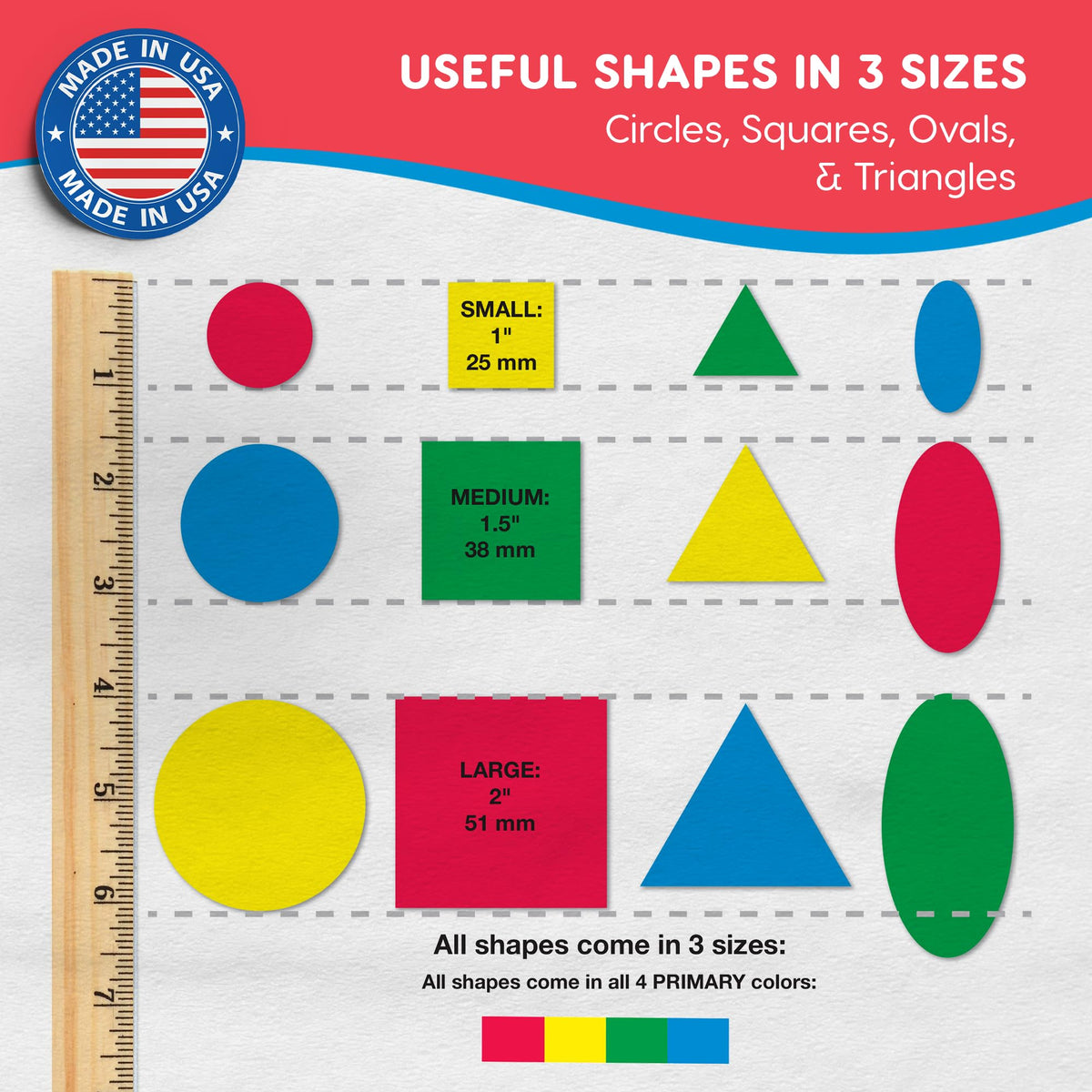 Basic Shapes 1: Circles, Triangles, Squares, Ovals, 676 Pieces US Made Card Stock Punch Out Geometric Shapes in 3 Sizes and 4 PRIMARY Colors for Math, Pattern Play and DIY Crafting