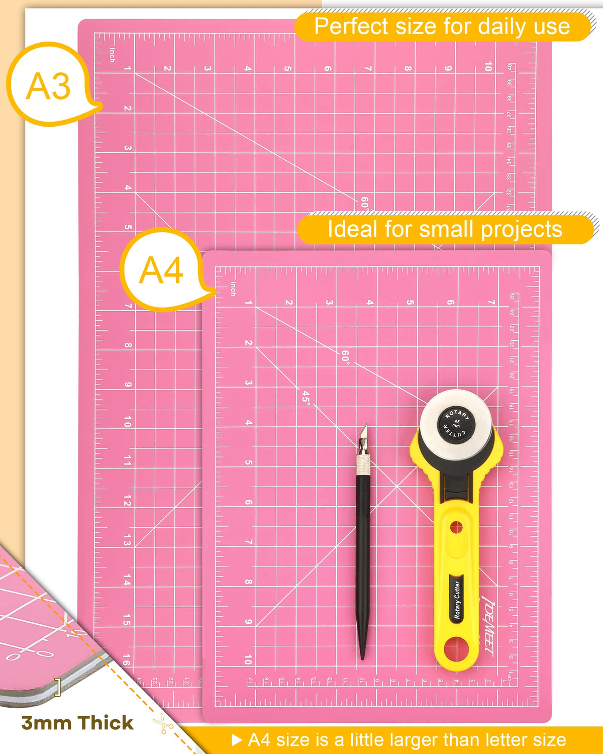 Density-upgraded 18"x12" Self Healing Cutting Mat, Idemeet Rotary Sewing Mat for Crafts, 5-Ply Blade Table Protector Cut Board for Fabric Leather Cutting Quilting Modeling Hobby Project, A3, Pink