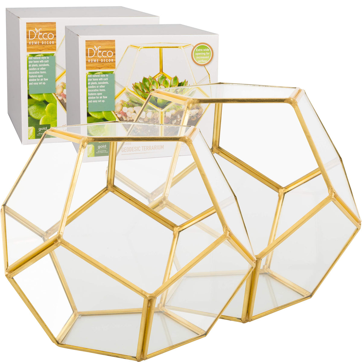 D'Eco Glass Geometric Plant Terrarium (Set of 2) - Indoor Tabletop Gold Sphere Planter Terrarium - Succulents, Air Plants, Moss - Home Garden Office Wedding Decor - Gift Idea for Plant Lovers