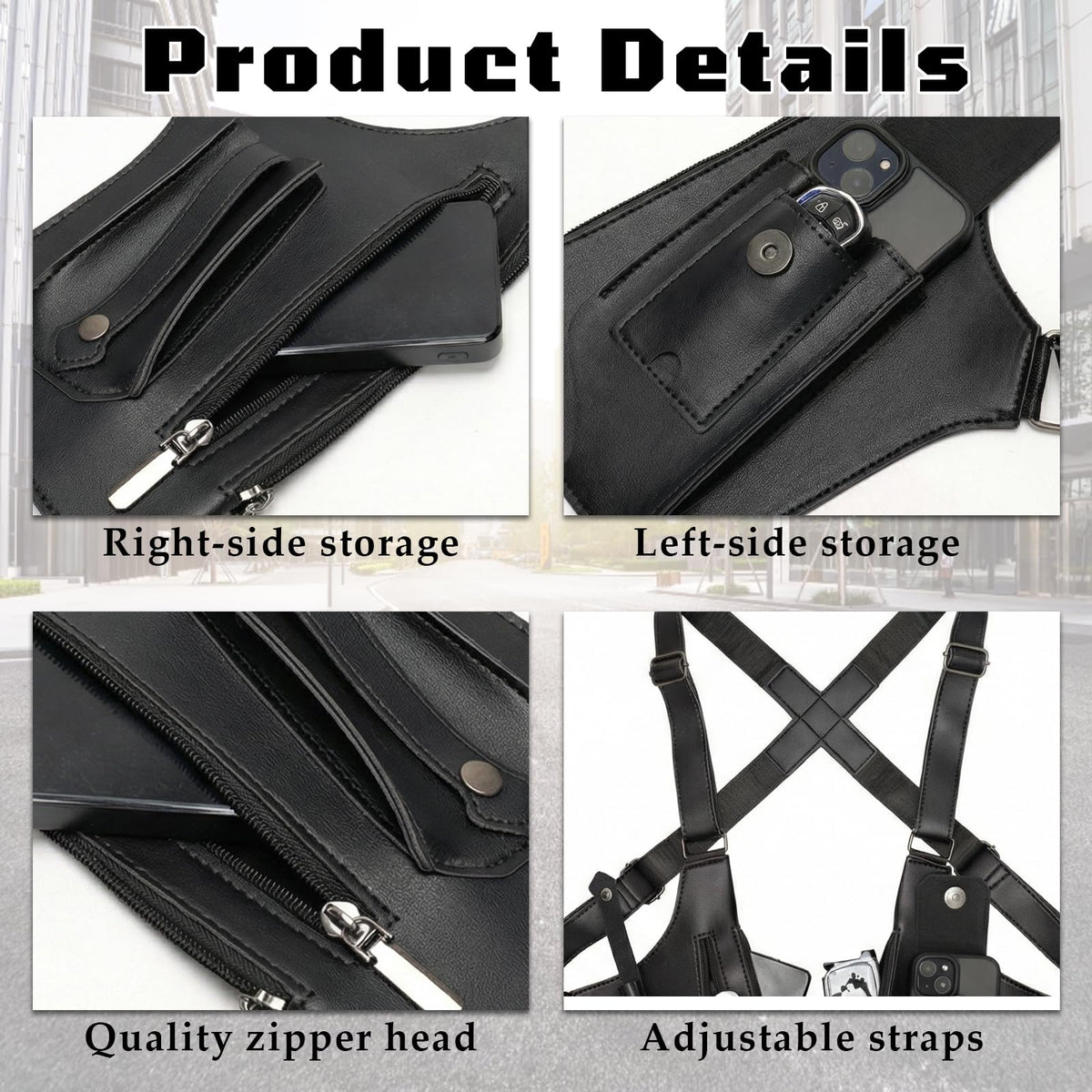 Underarm Shoulder Bag for Men, Leather Double Shoulder Armpit Bag with Adjustable Design & Multi-Pocket, Premium Wallet Holster for Outdoors, Travel (Black)