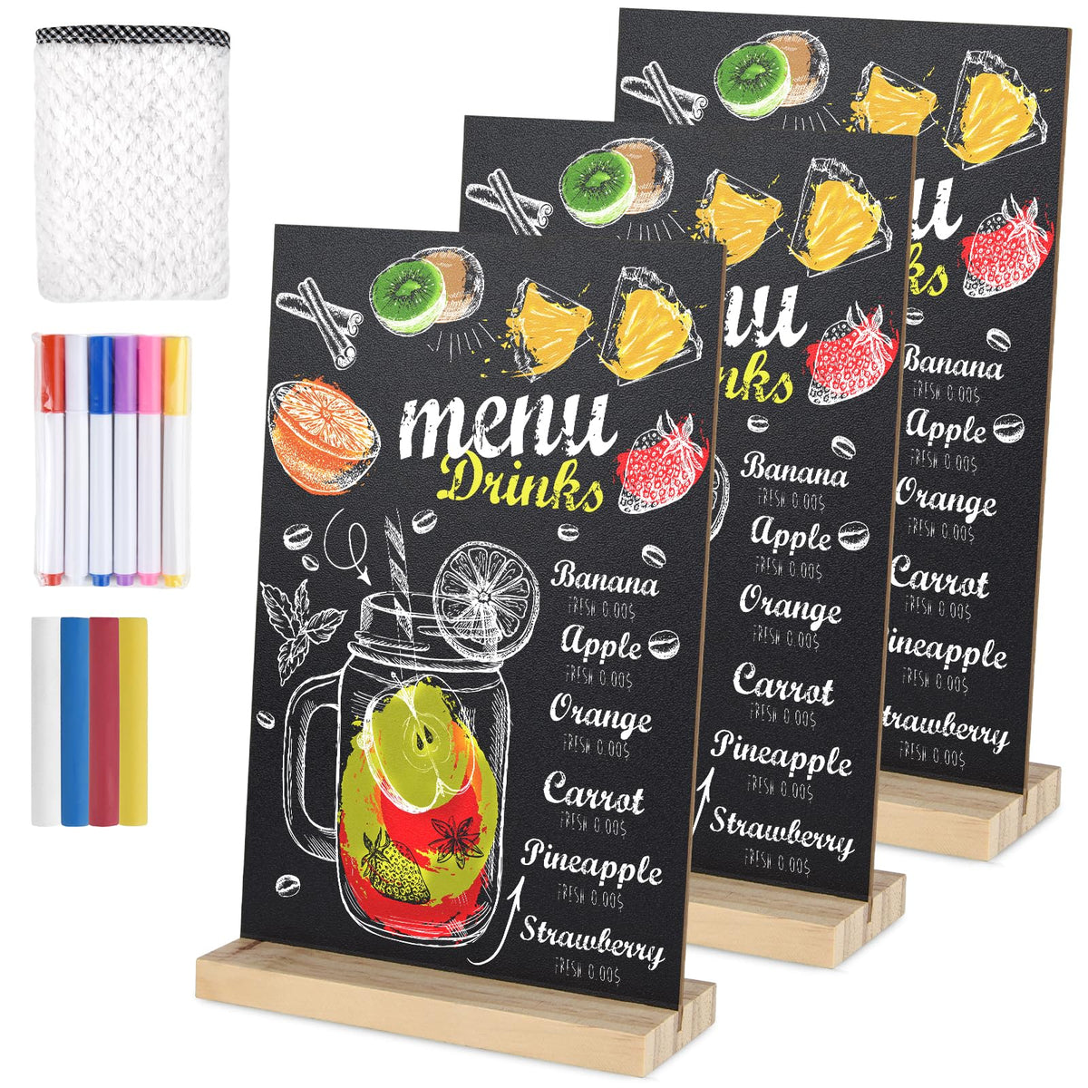 BOUBONI 3 Packs Small Chalkboard Sign 5.1x7.9 Inch With Wood Base - Double-Sided Message Boards Menu Stand for Kitchen, Wedding, Bar and Restaurant