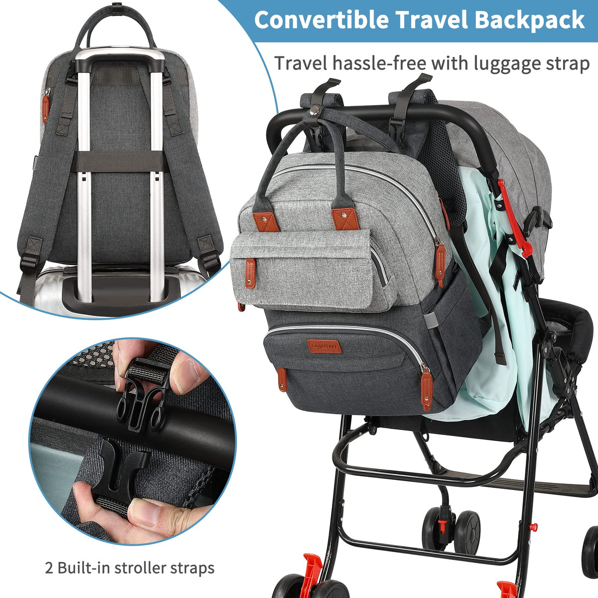 Diaper Bag Backpack, Baby Bag for Boys Girls, Large Diaper Backpack Travel Diaper Bags with Insulated Pockets Baby Registry Search Shower Gifts Newborn Essentials for Mom Dad, Waterproof Grey