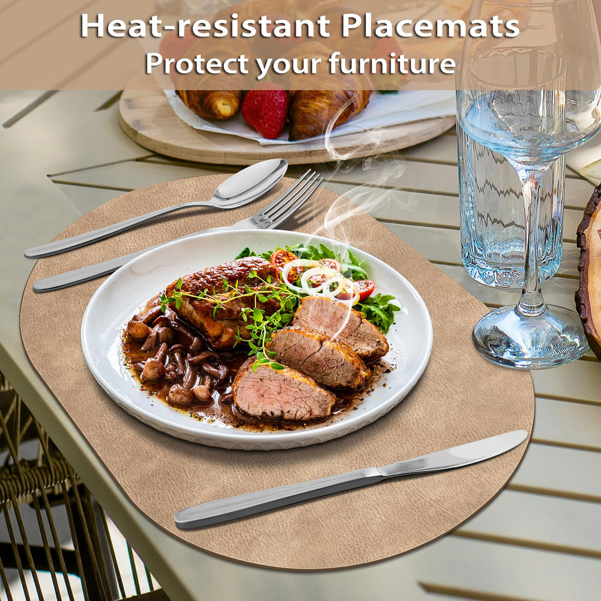 ADRIMER Placemats, Heat Resistant Oval Placemats Set of 6 Washable 12 x 17 Inch, Waterproof Table Placemats Set of 6, Wipeable Faux Leather Placemats for Kitchen, Dining Room, Apricot