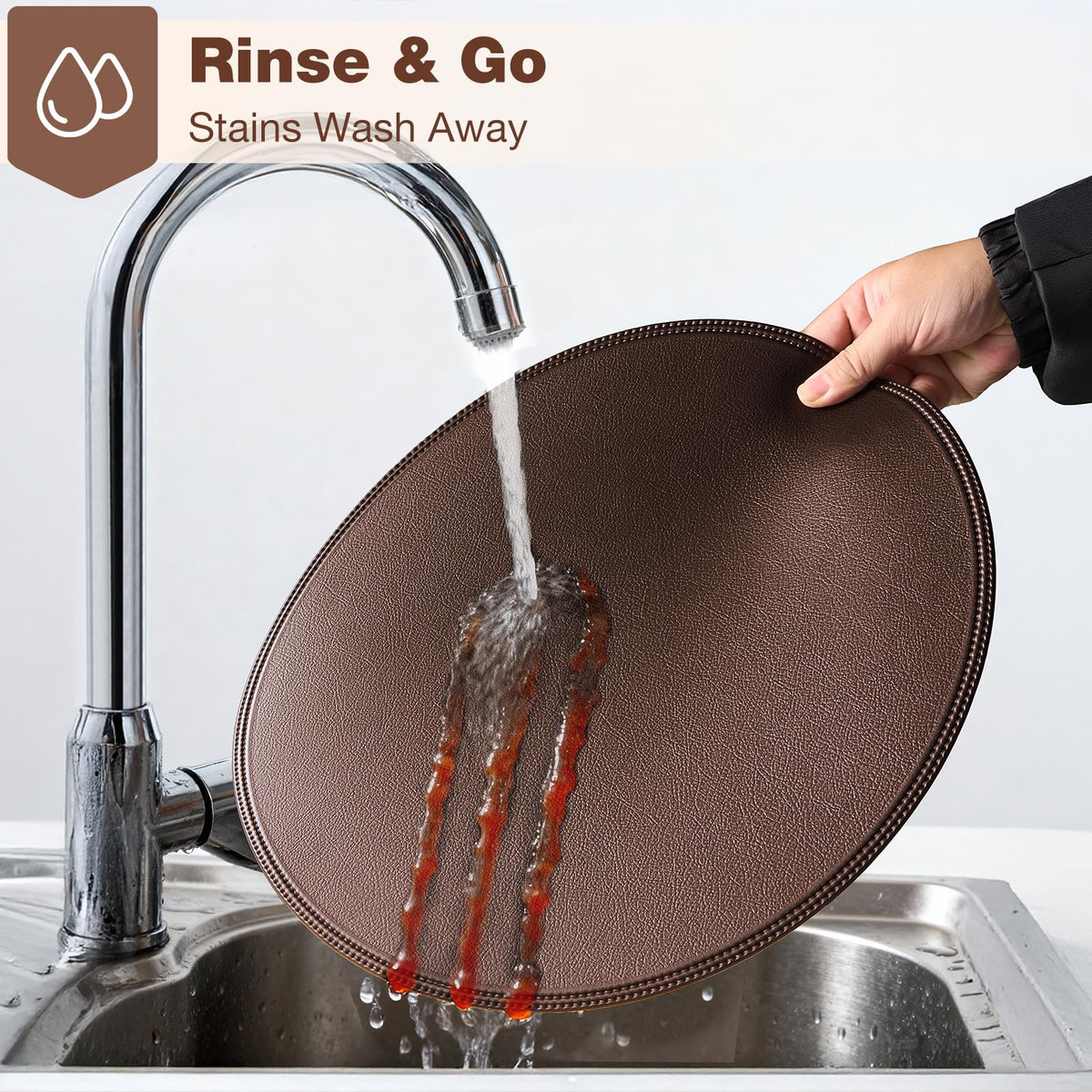 Rinpon Round Vinyl Brown Placemats Set of 6, Faux Leather Waterproof Wipeable Heat Resistant Place Mats, Washable Table Mats for Halloween, Thanksgiving & Christmas Dinner(Dark Brown)