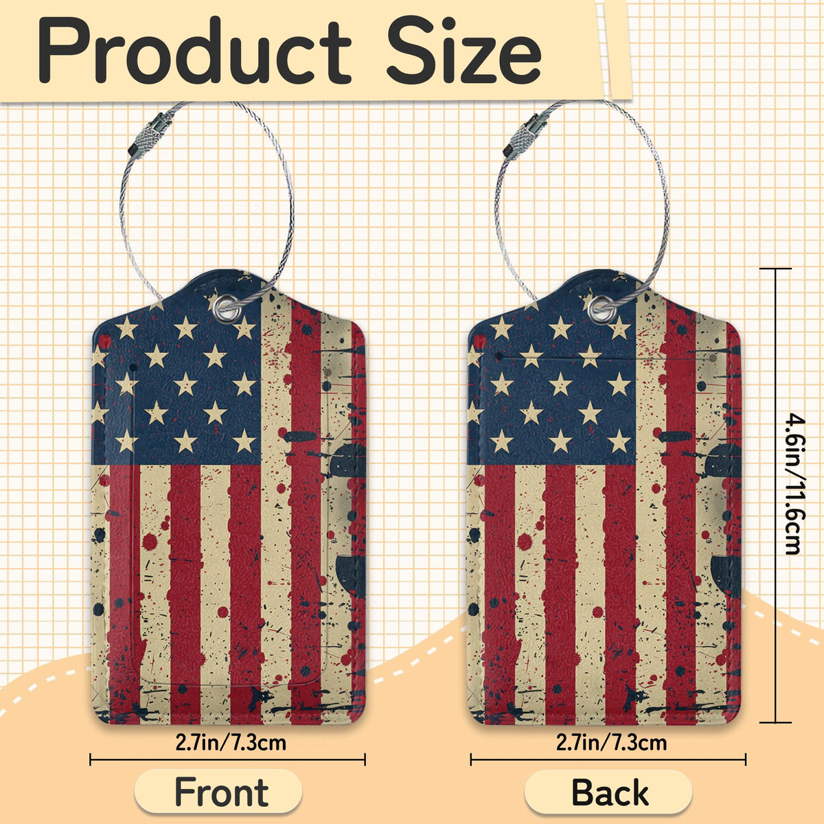 3 Pack PU Retro American Flag Leahter Luggage Tag with Stainless Steel Loop,Travel Suitcase Labels with Privacy Cover ID Label Quickly Spot for Bags