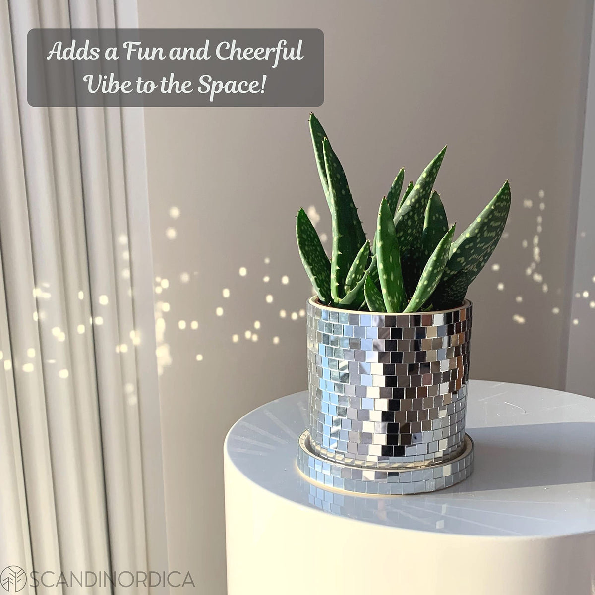 SCANDINORDICA Disco Ball Planter 8" Silver with Chain and Macrame Hanger and Disco Ball Planter Pot 4.3" with Saucer (0.3x0.3 mirror tiles)
