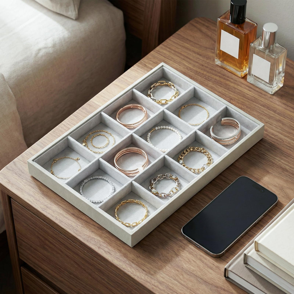 Gghenda 2-Piece Gray leather Stackable Jewelry Organizer Tray Set, Bracelet Ring Earring Holder Box, Necklace Display Stand for Storage and Retail Display (Necklace)