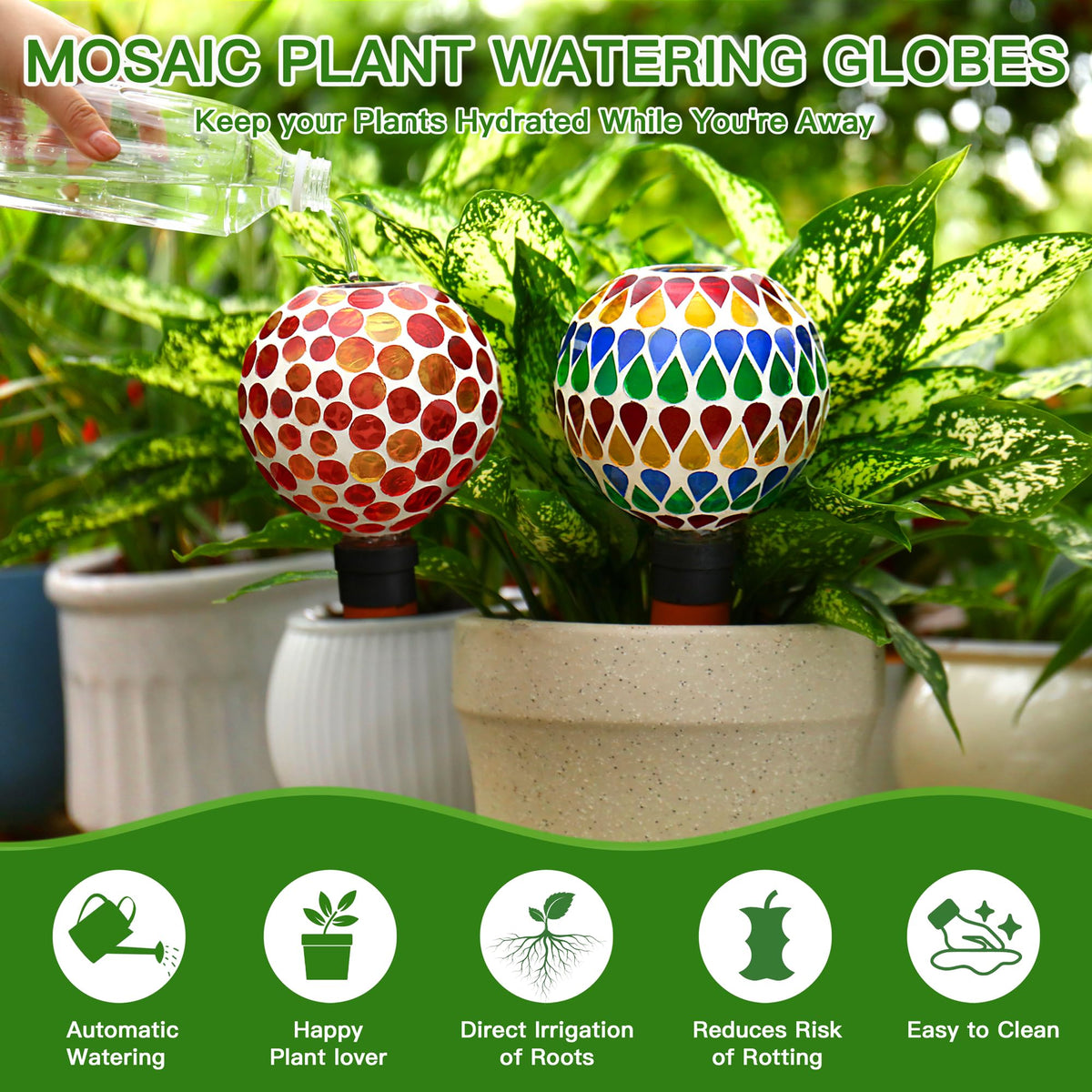 SAVENNA Mosaic Plant Watering Globes with Terracotta Spikes, 17oz Glass Self Watering Globes for Indoor & Outdoor Potted Plants, Decorative Water Drippers, Set of 2