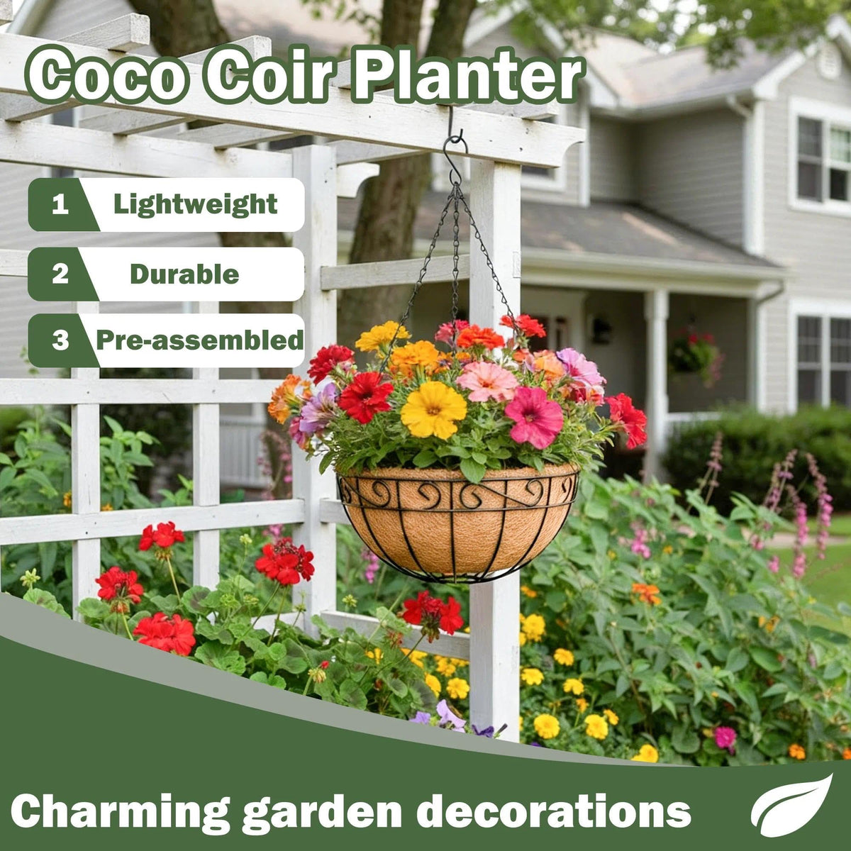 KIDYBELL 4 Pack 10 Inch Hanging Baskets for Plants Outdoor Metal Hanging Planter Basket with Coco Coir Liner Hanging Flower Baskets Hangings Flower Pots Holder for Garden, Patio(Flower)