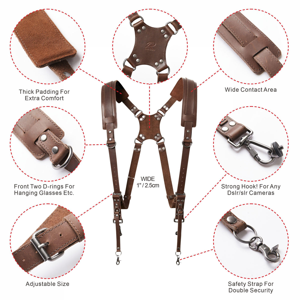 Padwa Lifestyle Dual Camera Harness Strap for Two-Cameras - Dual Shoulder Full Grain Leather Harness,Multi Double Camera Gear for DSLR/SLR Strap,Double Camera Harness for Photographers,Brown