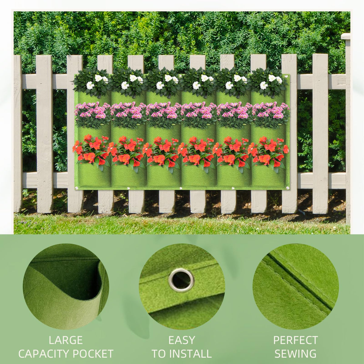 LITLANDSTAR 18 Pockets Hanging Grow Bags, 2 Pack Horizontal Wall Planter Plant Grow Bags Outdoor Indoor Hanging Planter for Balcony/Railing/Fence/Yard/Garden/Home Decoration, Green
