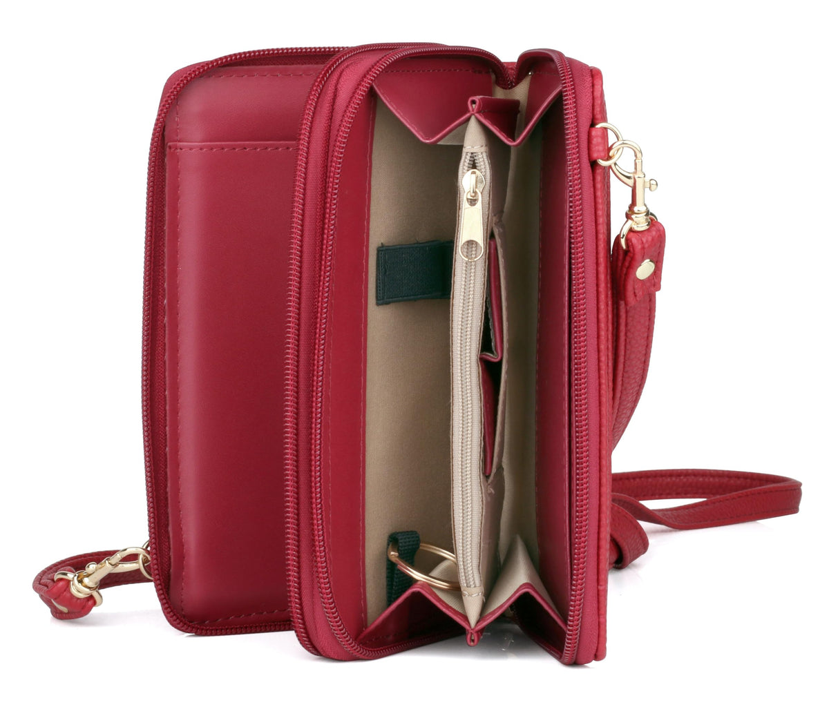 Julia Buxton RFID Blocking Wallet on a String for Women - Compact Crossbody Bag with Removable Wristlet Strap, 15 Card Slots & Multiple Zip Pockets, Red