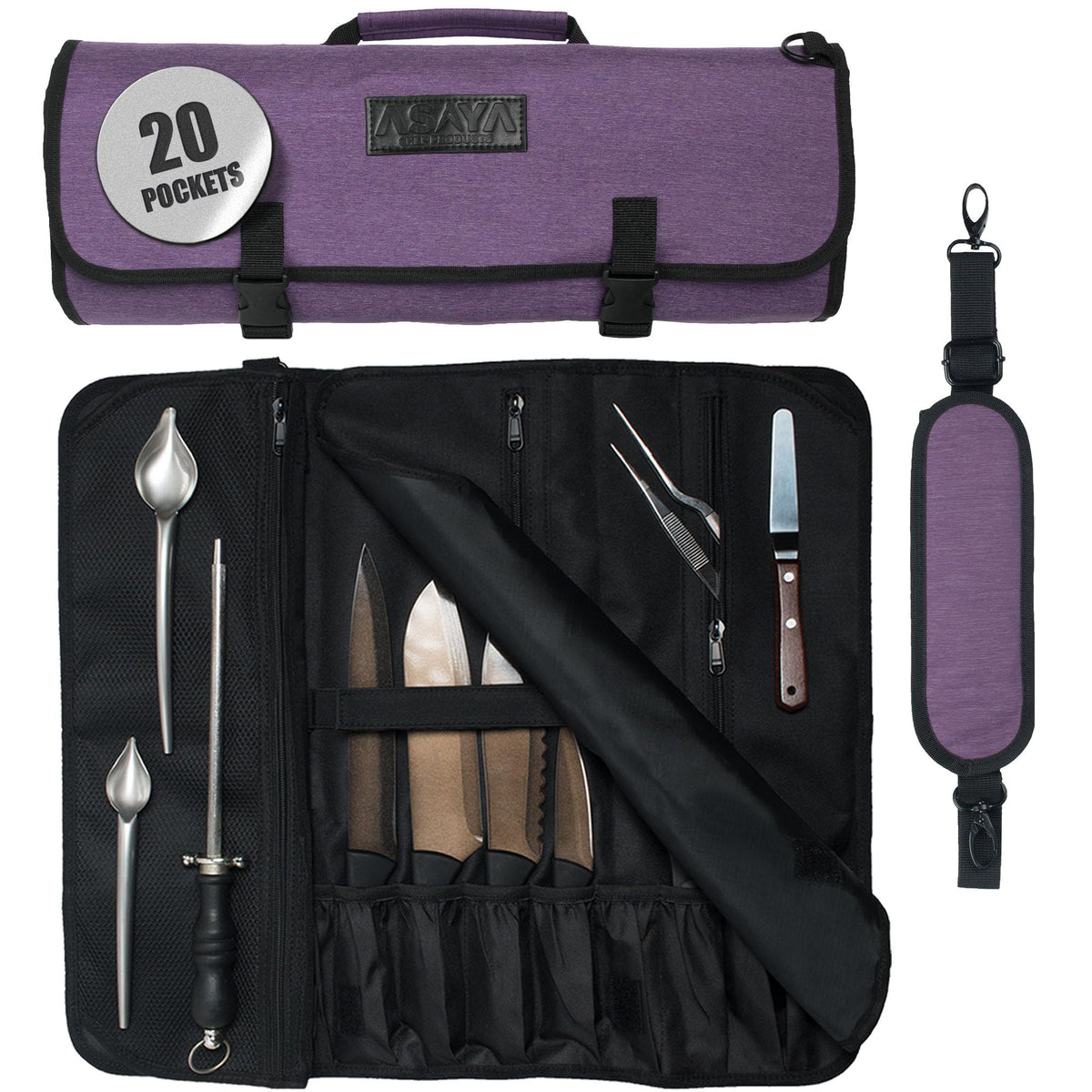 Asaya Waxed Nylon Chef Knife Roll Bag with 20 Slots and Zippered Pockets - Professional Chef Knife Bag & Storage Case, Tool Carrier with Shoulder Strap - Knives Not Included (Purple)