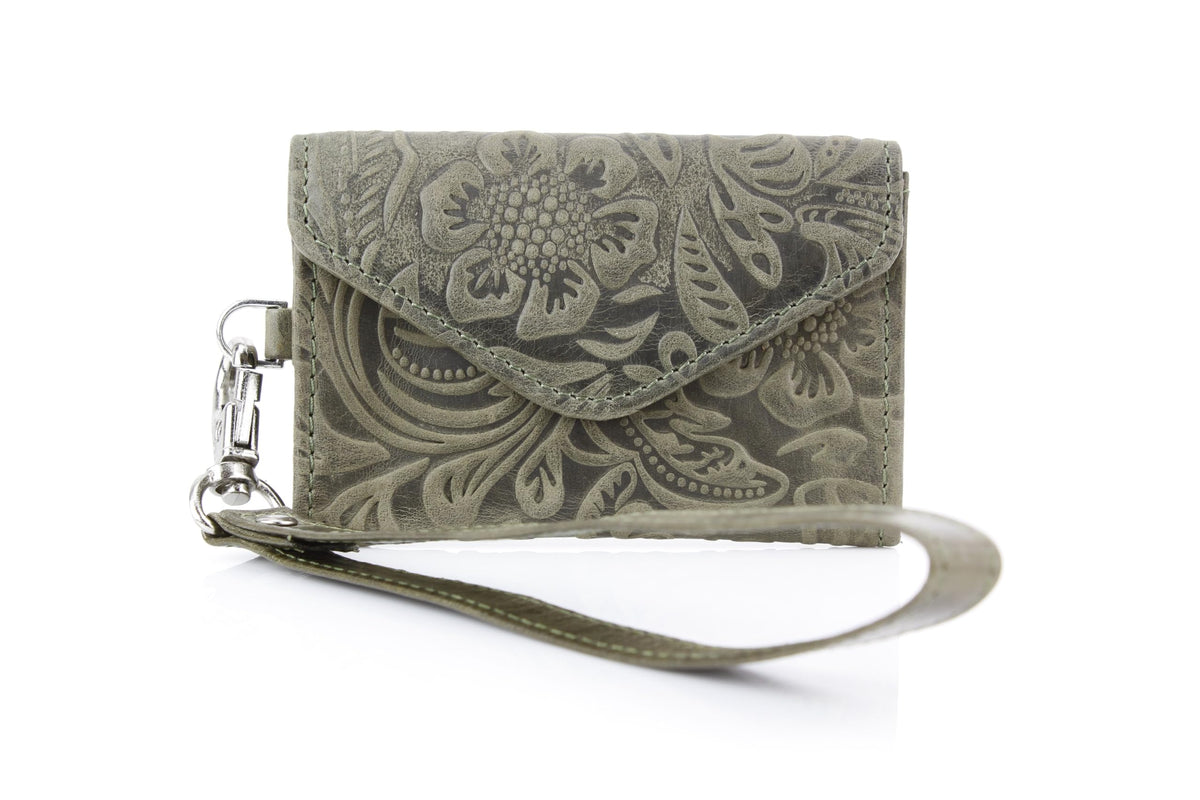 American Bison Small Floral Filigree Wristlet for Women – Compact Card Holder Wallet with Wrist Strap – Minimalist Clutch for ID, Credit Cards & Essentials (Green)
