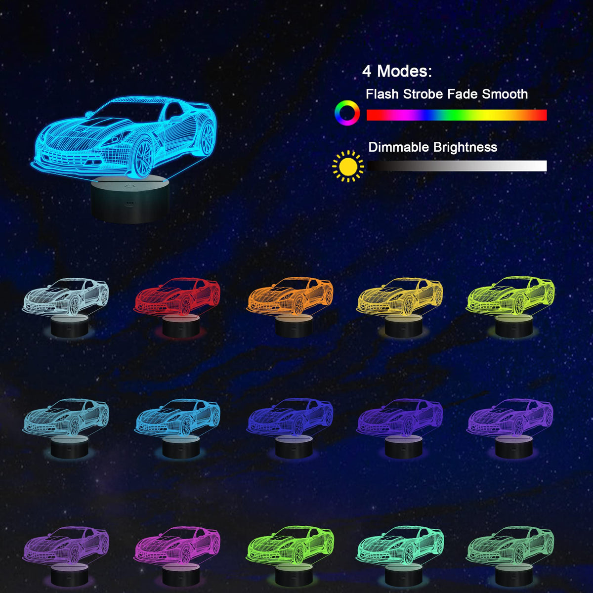 YuanDian Racing Car 3D LED Illusion Lamp, 16 Colors USB & Battery Powered Touch Control with Remote, Creative Car Gift for Boys & Lovers