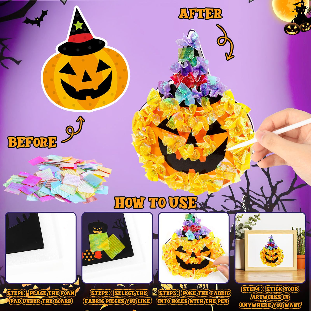 Lonfliness 8PCS Poke Craft Kit Halloween No-Mess Fabric Sewing Art Puzzle Puncture Painting Bat Pumpkin Ghost Halloween Creative Activity Game Birthday Party Favors