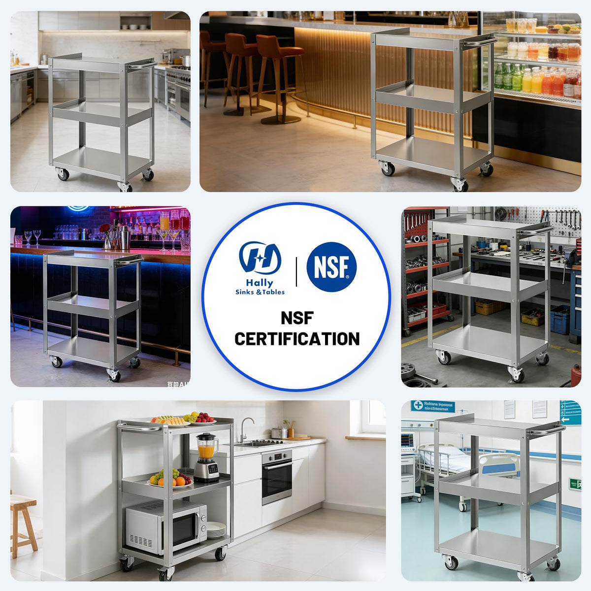 Hally Stainless Steel Utility Cart 3 Tier NSF Commercial Heavy Duty Metal Mobile Food Rolling Cart with Handle and Wheels for Kitchen, Restaurant, Hospital, Laboratory and Home, 31" L x 19" W x 34" H