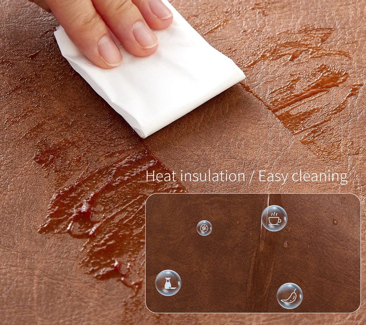 RENMTURE Faux Leather Placemats Set of 4,with 4 Cup mat,Washable, for Kitchen Dining Table,Restaurant,Coffee Shop (Walnut Brown, Round)