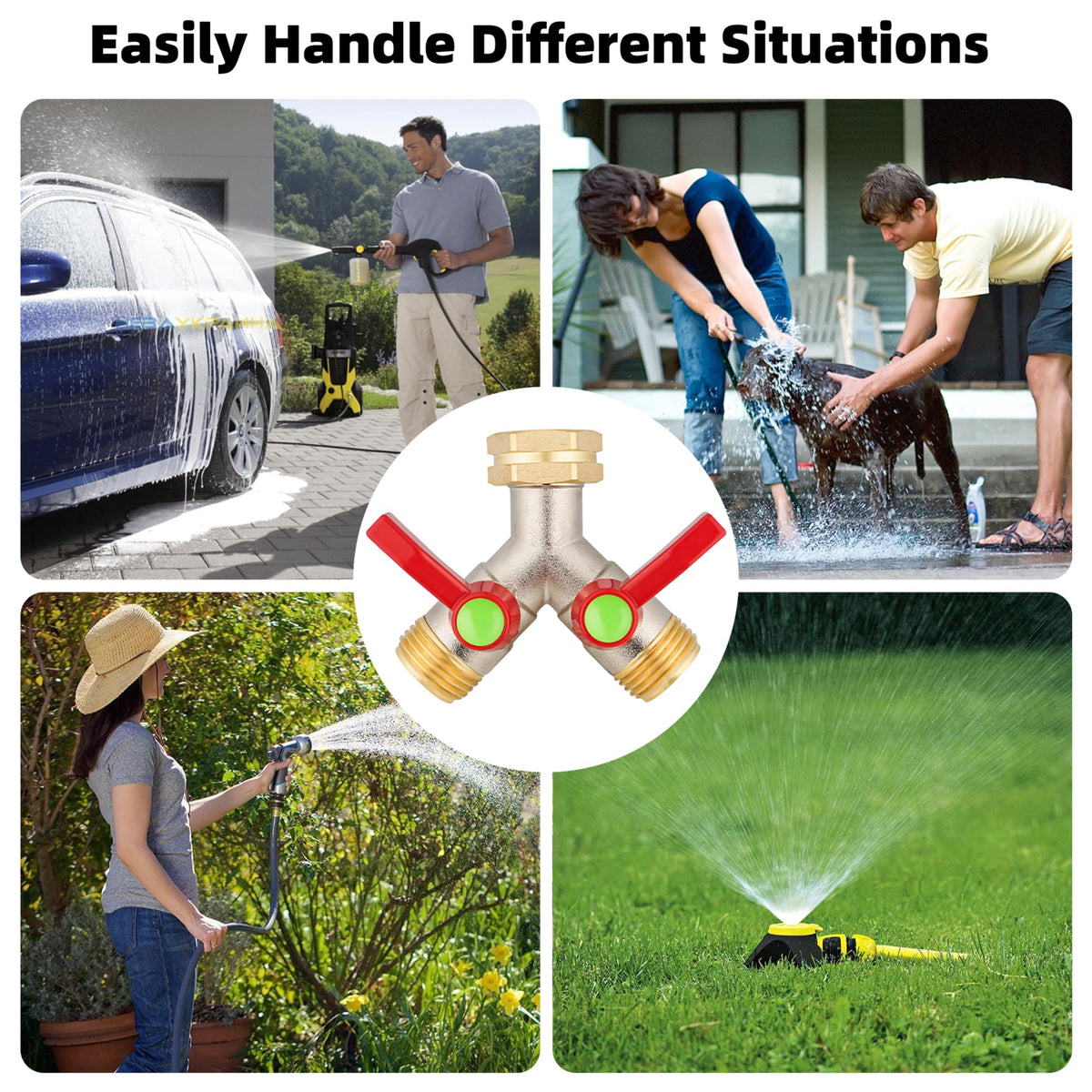 DINGBAI Hose Splitter 2 Way, High Flow Garden Hose Splitter, 3/4” Ght Inlet Brass Heavy Duty Hose Converter, Full Flow water 2 Way Faucet hose splitter, Long Handle Hose Valve Large Outlet.