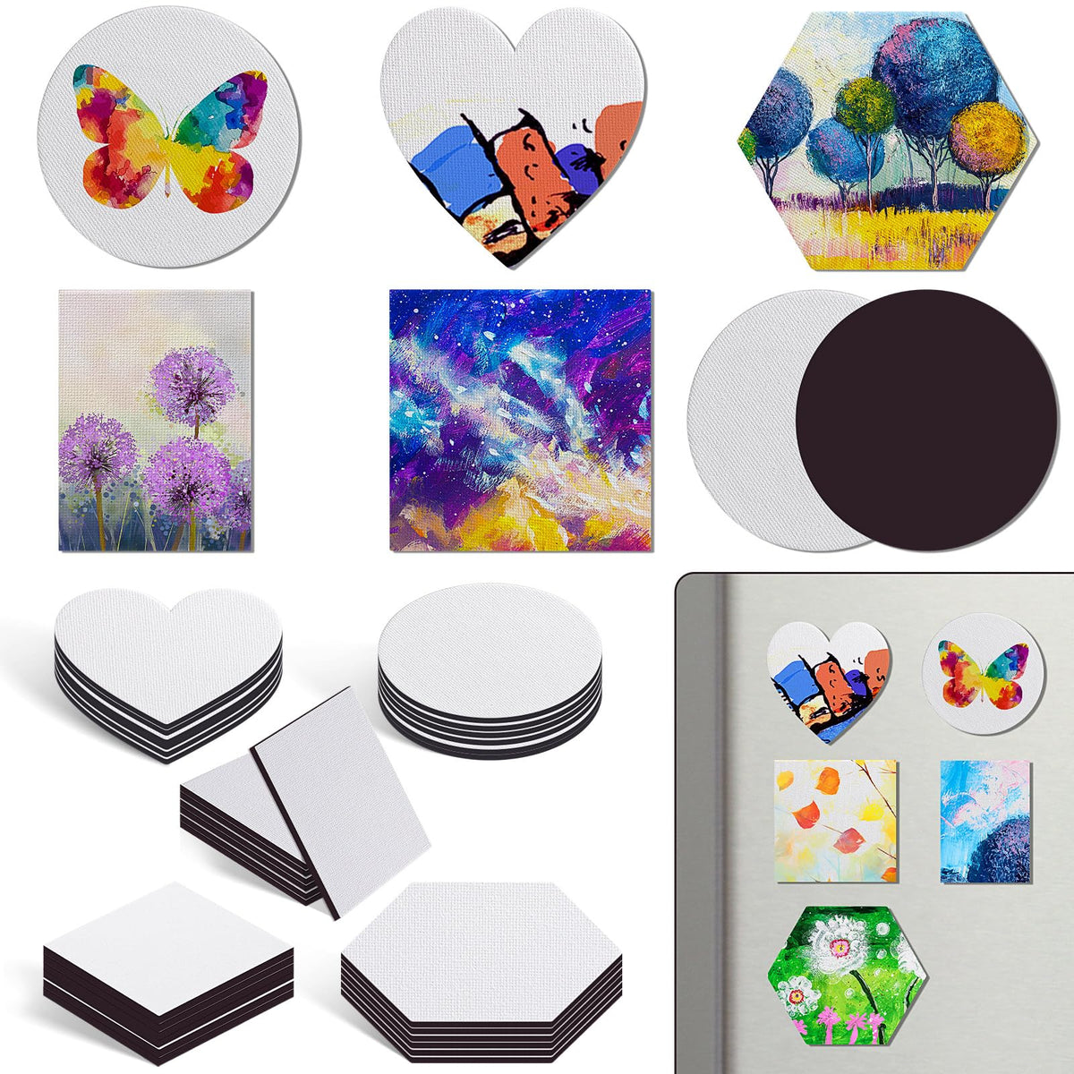 Engrowtic 60 Pcs Mini Magnetic Canvas Panel Boards Magnetic Painting Canvas Panel Various Size for Painting Fridge Locker Art Crafts DIY(Multi Shape)