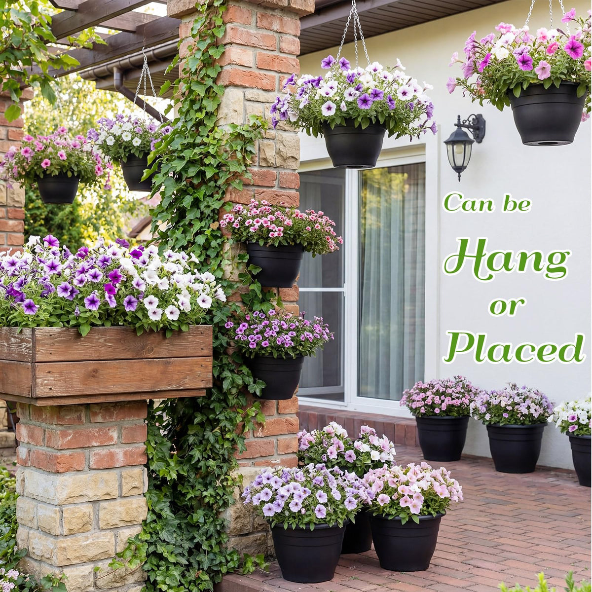 Romooa 20 Pack 10 Inch Plastic Hanging Planter Bulk Black Hanging Baskets for Plants with Drainage Trays Self Watering Plant Pot Outdoor Indoor Planter for Garden, Balcony, Porch, Patio Decor