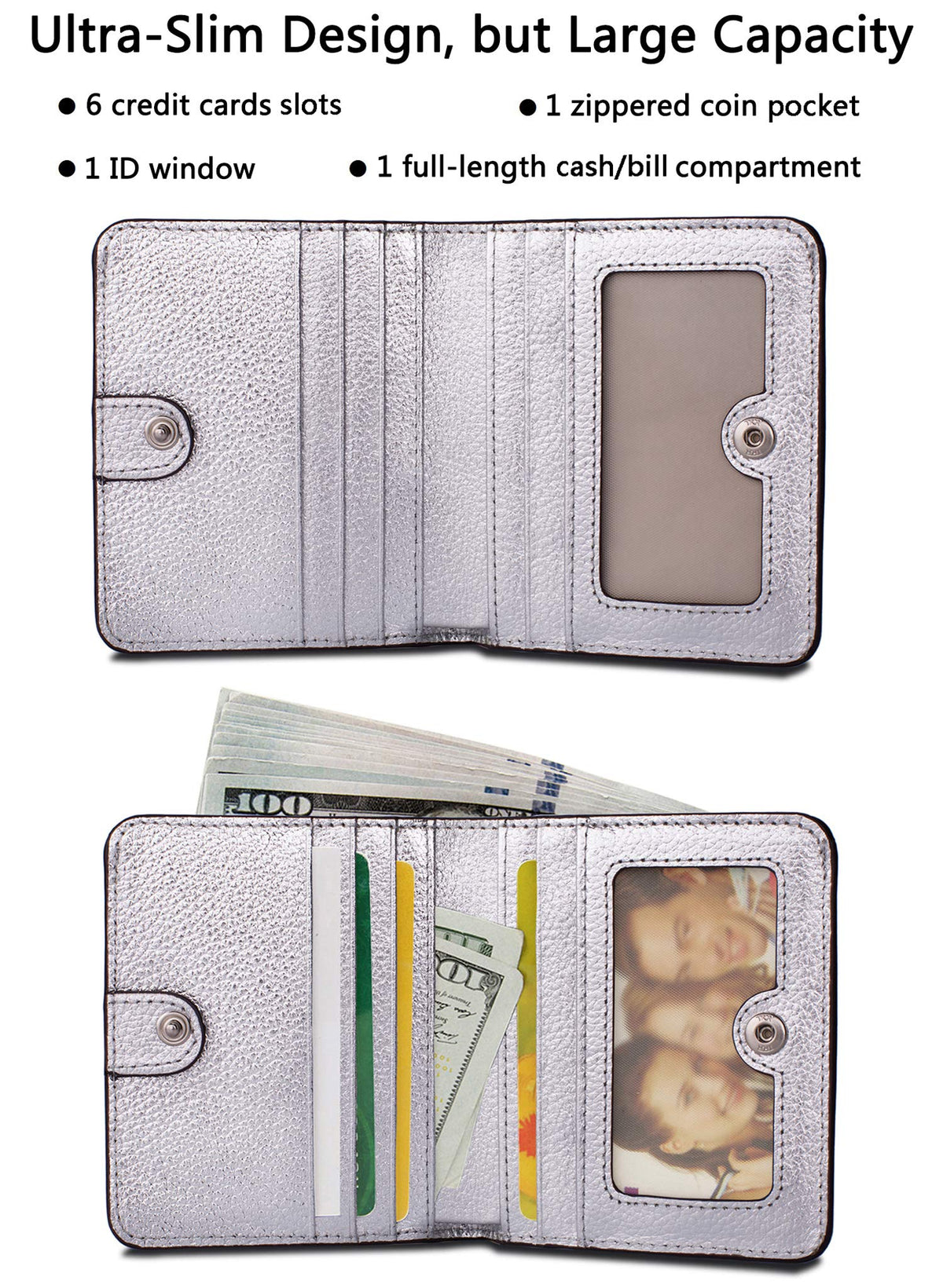 AINIMOER Small Leather Wallet for Women, Ladies Credit Card Holder RFID Blocking Women's Mini Bifold Pocket Purse, Silver