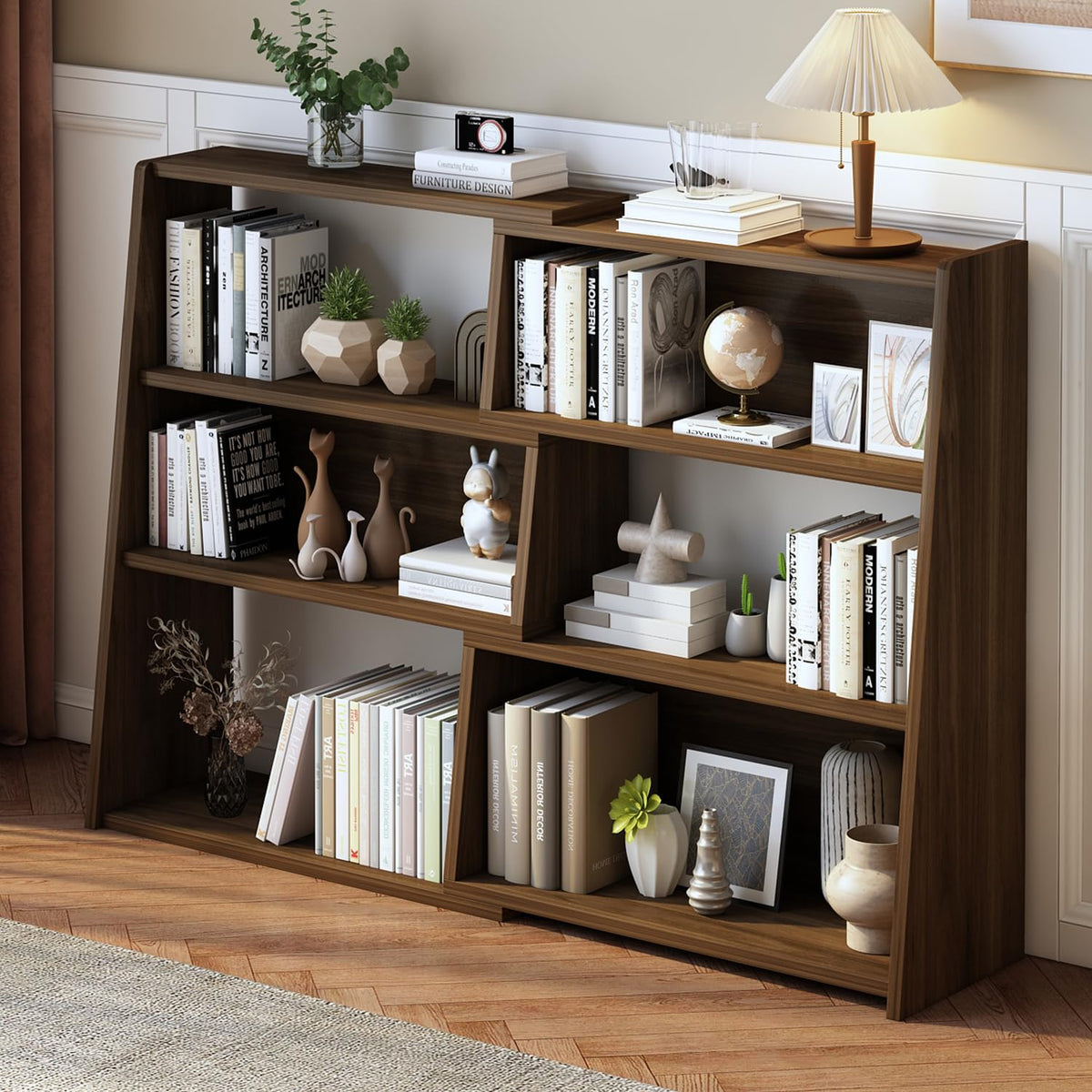 IOTXY Wooden Extendable Shelf Bookcase - 3-Tier Ladder Low Short Bookshelf for Small Space or Corner, Dark Walnut, L