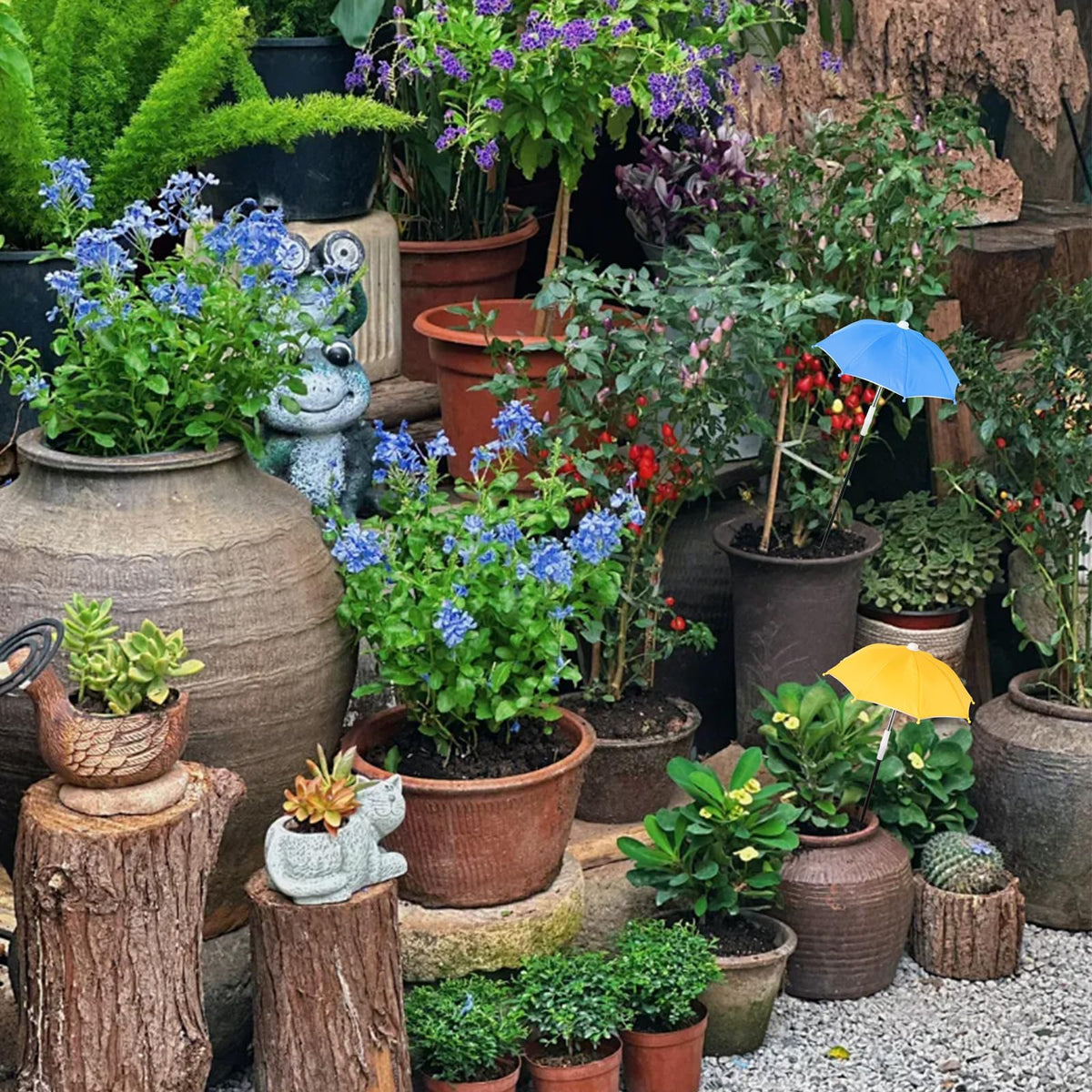 2 PCS Mini Plant Umbrellas, 10.6 Inch Diameter Small Mini Adjustable Height (23.2-31.1 Inch) Shade Umbrella for Outdoor Potted Plants Garden Bed Flower Pot Decor, Blue and Yellow