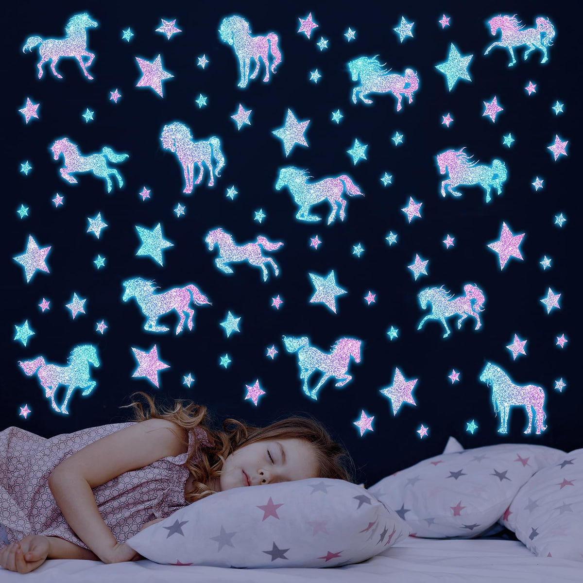 Glow in The Dark Unicorns Wall Decals Unicorns Star Wall Stickers for Baby Girls Bedroom Blue Luminous Glow Stars Ceiling Stickers for Baby, Birthday Present for Baby Boys