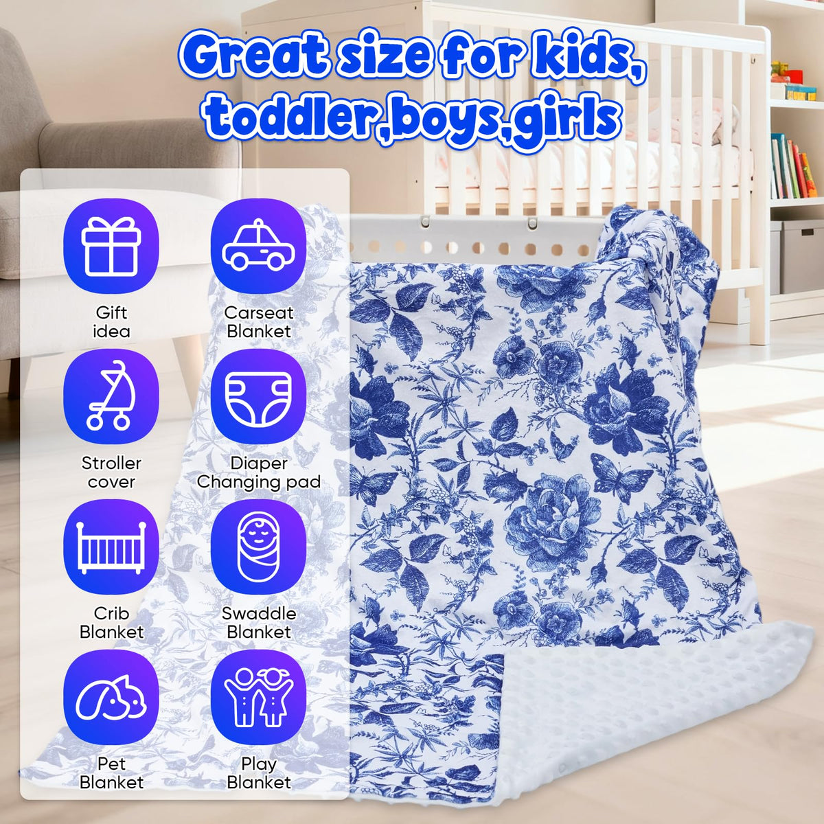 Baby Blanket for Boys Girls Super Soft Double Layer Minky with Dotted Backing Cute Cow Crib Receiving Blanket Bed Throws for Newborns Nursery Stroller Toddler 30 x 40 Inch (Blue Floral)