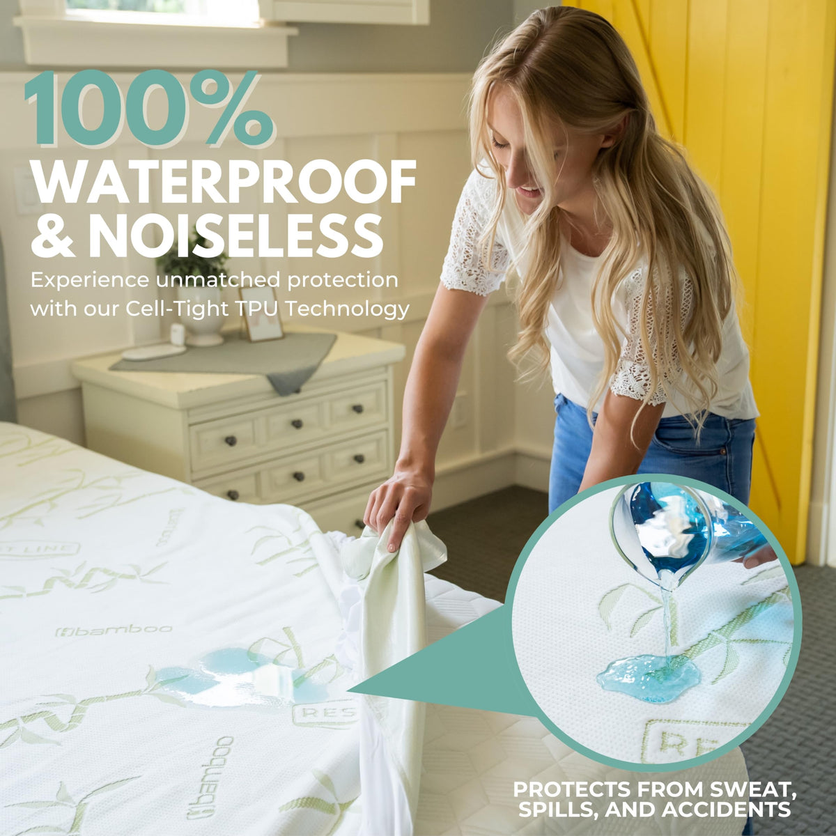 Queen Size 60x80” Premium Bamboo Waterproof Mattress Protector, 100% Viscose from Bamboo, Hypoallergenic, Cooling Mattress Pad Cover, Soft & Breathable Fitted Sheet Style up to 18" Deep - Rest Line