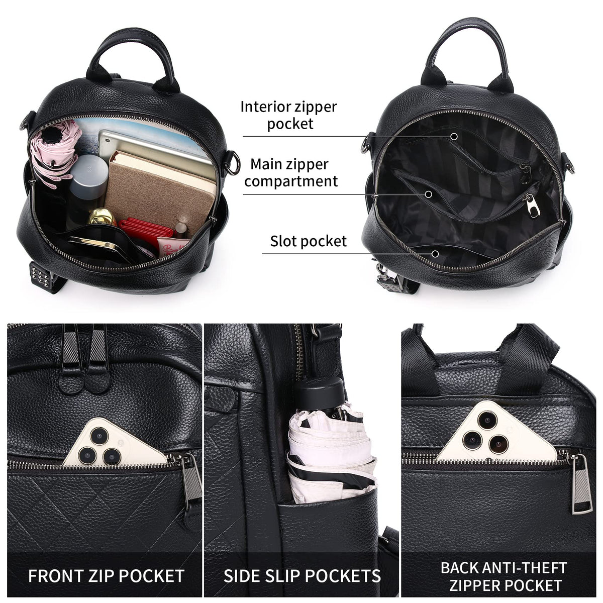 Wesccimo Genuine Leather Backpack Purse For Women Black Quilted Real Soft Leather Fashion Designer Convertible Ladies Shoulder Bag