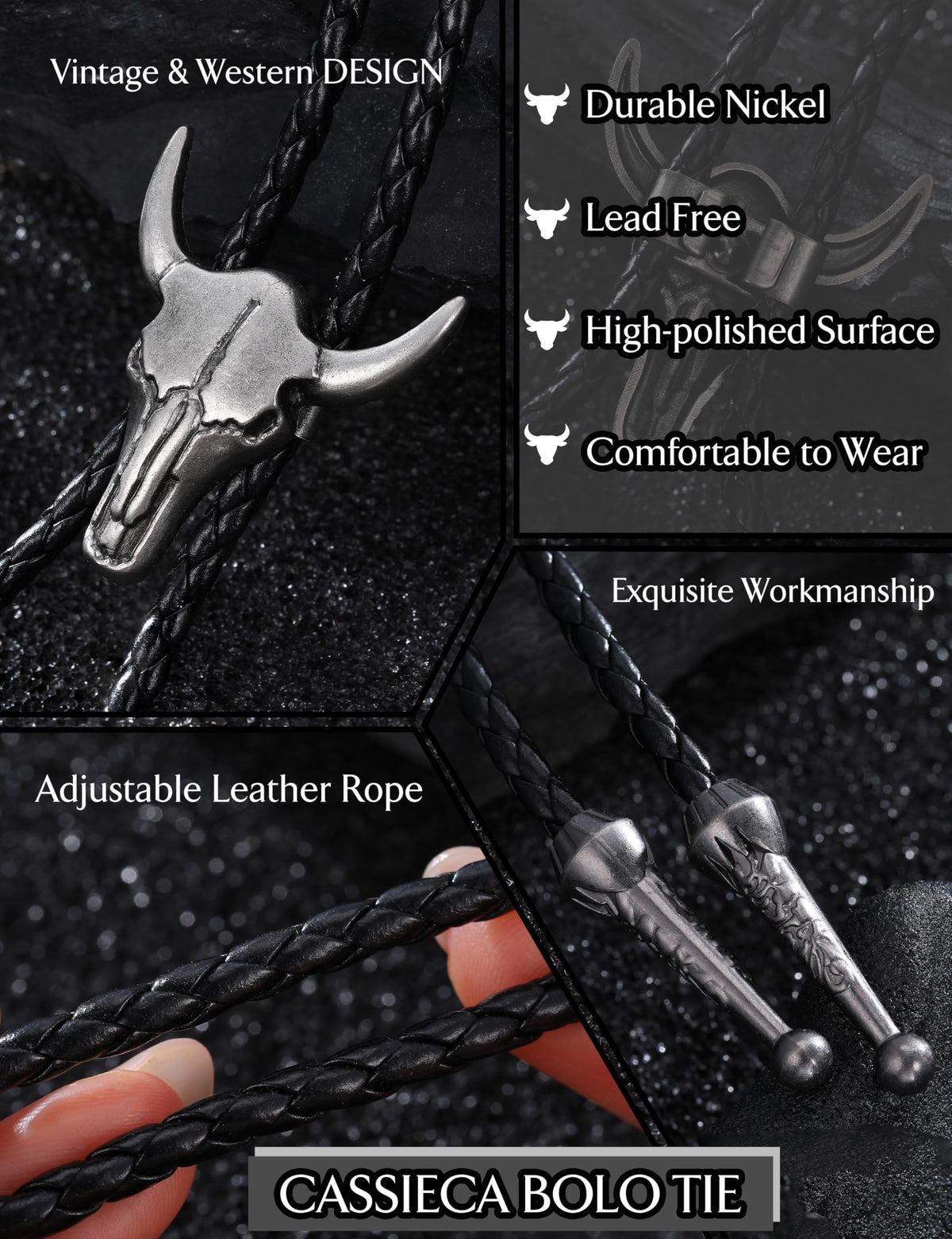 CASSIECA 4Pcs Handmade Bolo Tie for Men Western Cowboy Leather Necktie Halloween Costume Accessories for Men Women