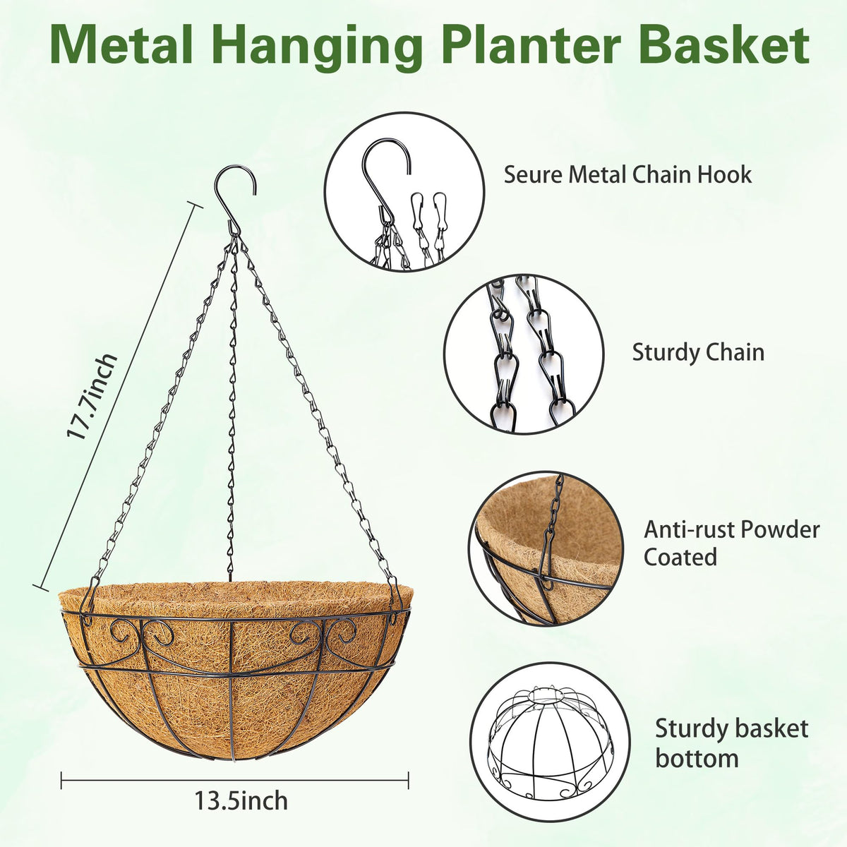 EINYEXW 3 Pack 13.5 Inch Hanging Baskets for Plants Outdoor - Metal Hanging Planters for Outdoor Plants with Coco Liners - Heavy Duty Empty Hanging Flower Pots for Porch Patio Garden
