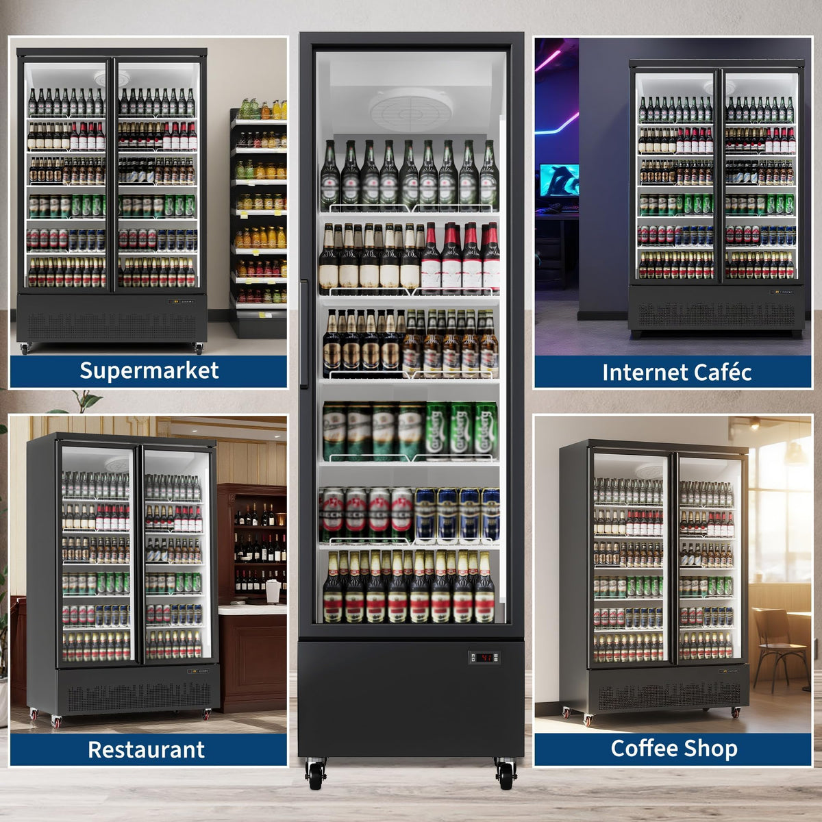 Commercial Refrigerator 17.7 Cu.ft Beverage Cooler, Glass Door Display Fridge with 5 Adjustable Shelves, Large Capacity Bar Fridge for Restaurant, Store, Upright Freezer for Home, Black