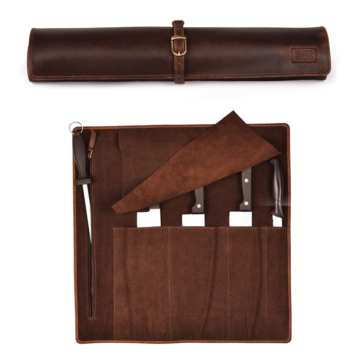 LEATHER VILLAGE Genuine Leather Knife Roll Bag – Professional Chef Carrying Case, Durable Sheath Holder, Cooks & Culinary Tools Organizer, Portable Travel Storage with 4 Slots & Zipper - Cherry