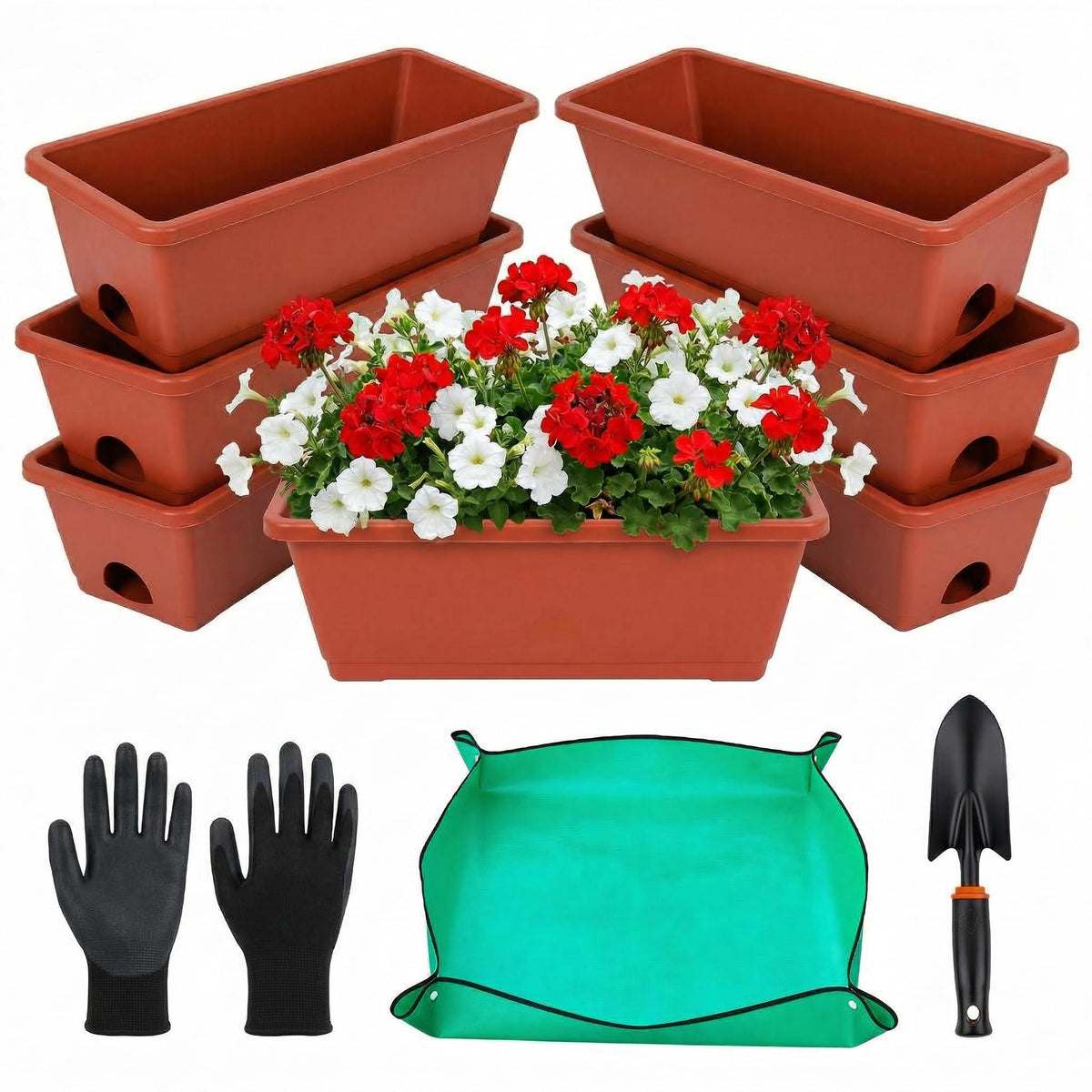 Yokodaza Red Window Box Planters, 7 Pack Rectangular Plastic Flower Planters Boxes with Saucers, 17 Inches Vegetable Planting Pots for Indoor Outdoor Garden, Patio, Windowsill, Home Decor